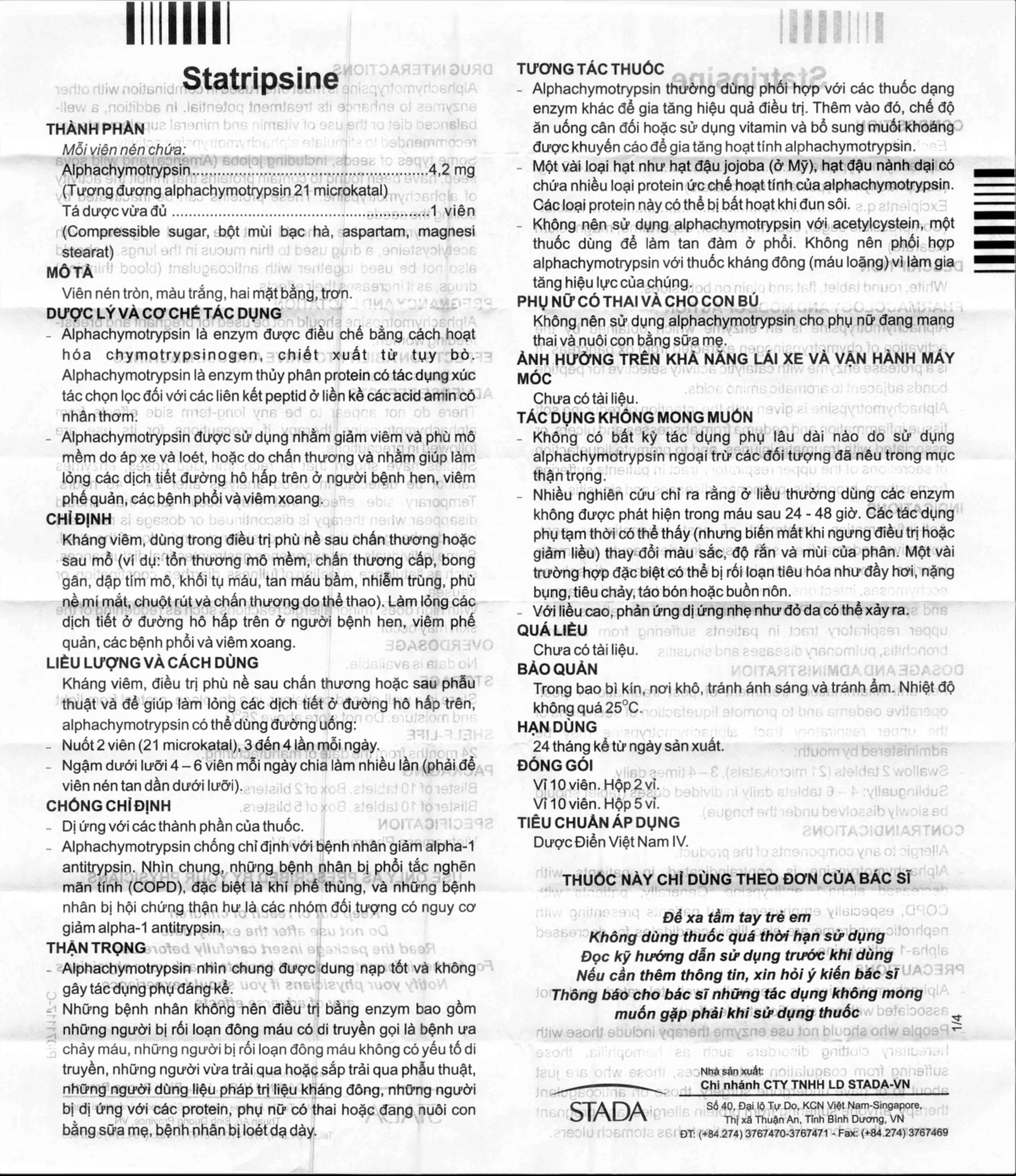 Thuốc Statripsine Stella điều trị phù nề sau chấn thương (2 vỉ x 10 viên)