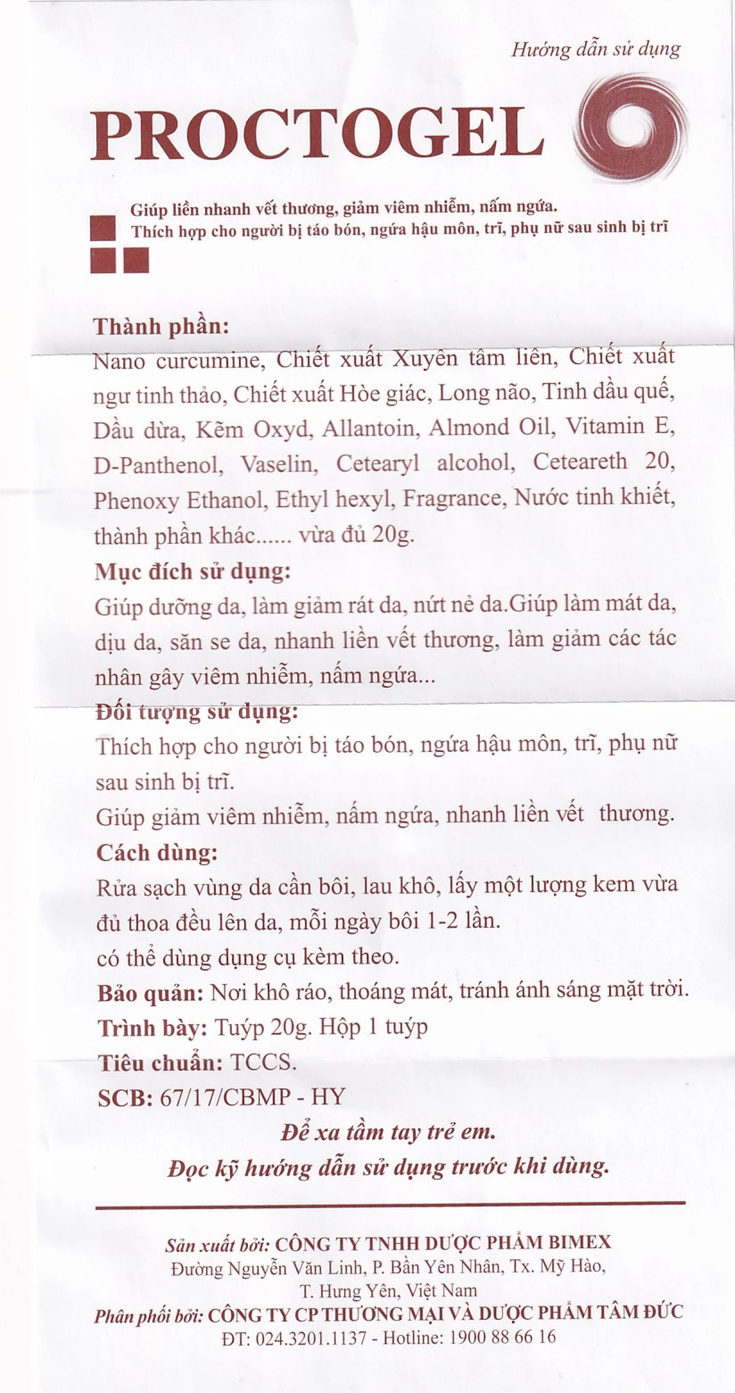 Kem bôi trĩ Proctogel Bimex giúp giảm đau, giảm viêm nhiễm, liền vết thương (20g)