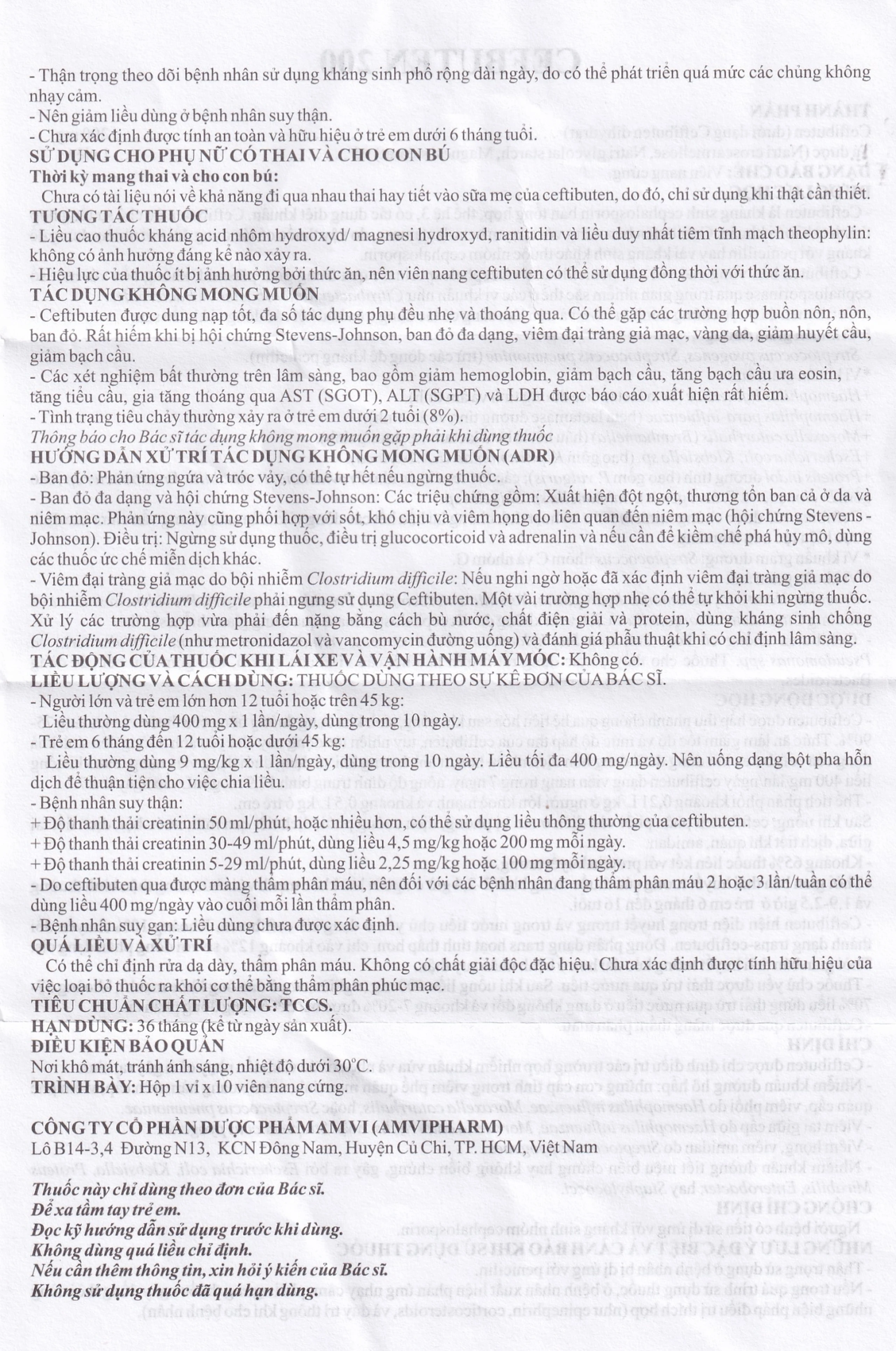 Thuốc Cefbuten 200mg Amvi điều trị nhiễm khuẩn (1 vỉ x 10 viên)