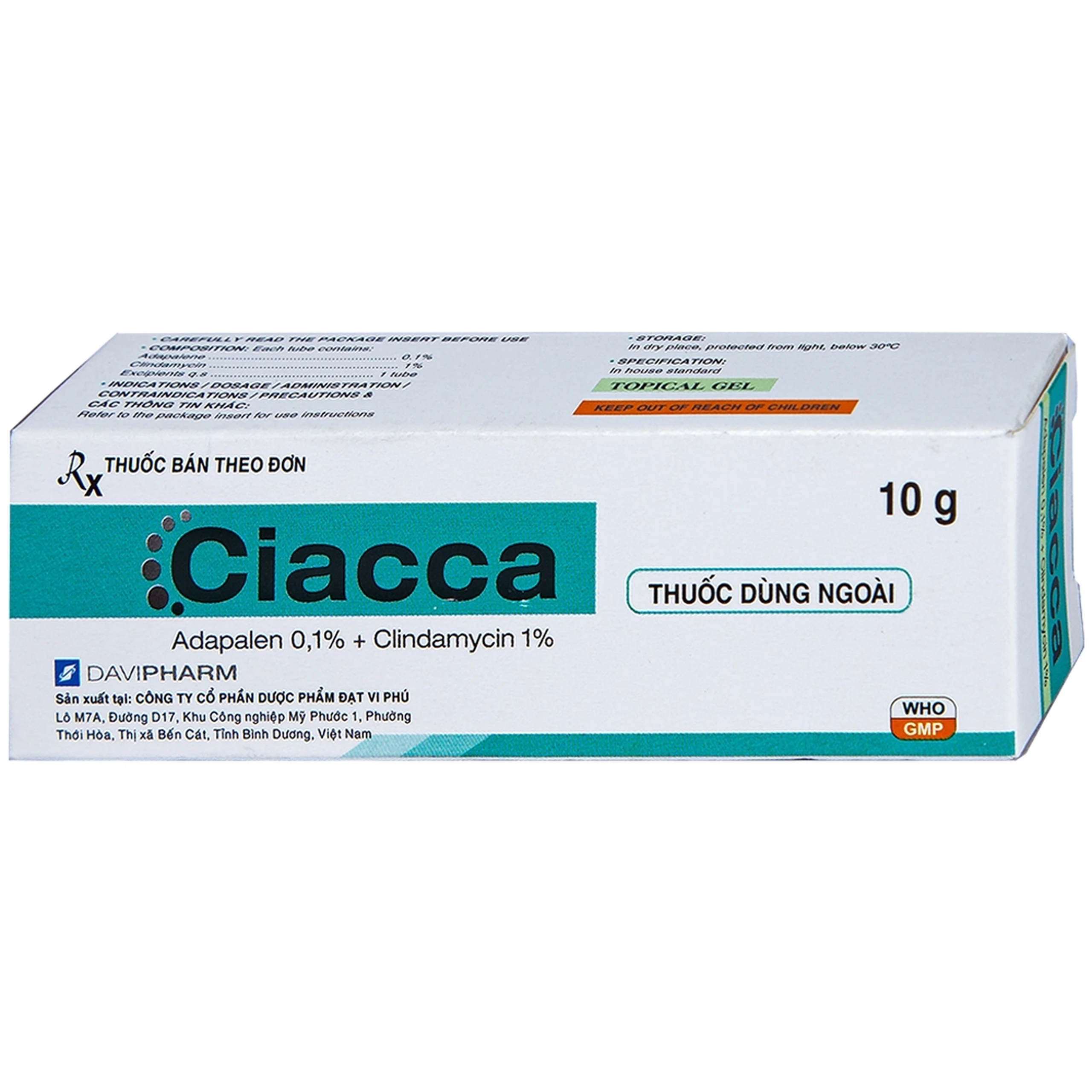 Gel bôi ngoài da Ciacca Davipharm điều trị tình trạng da bị mụn trứng cá nhẹ đến vừa (10g)