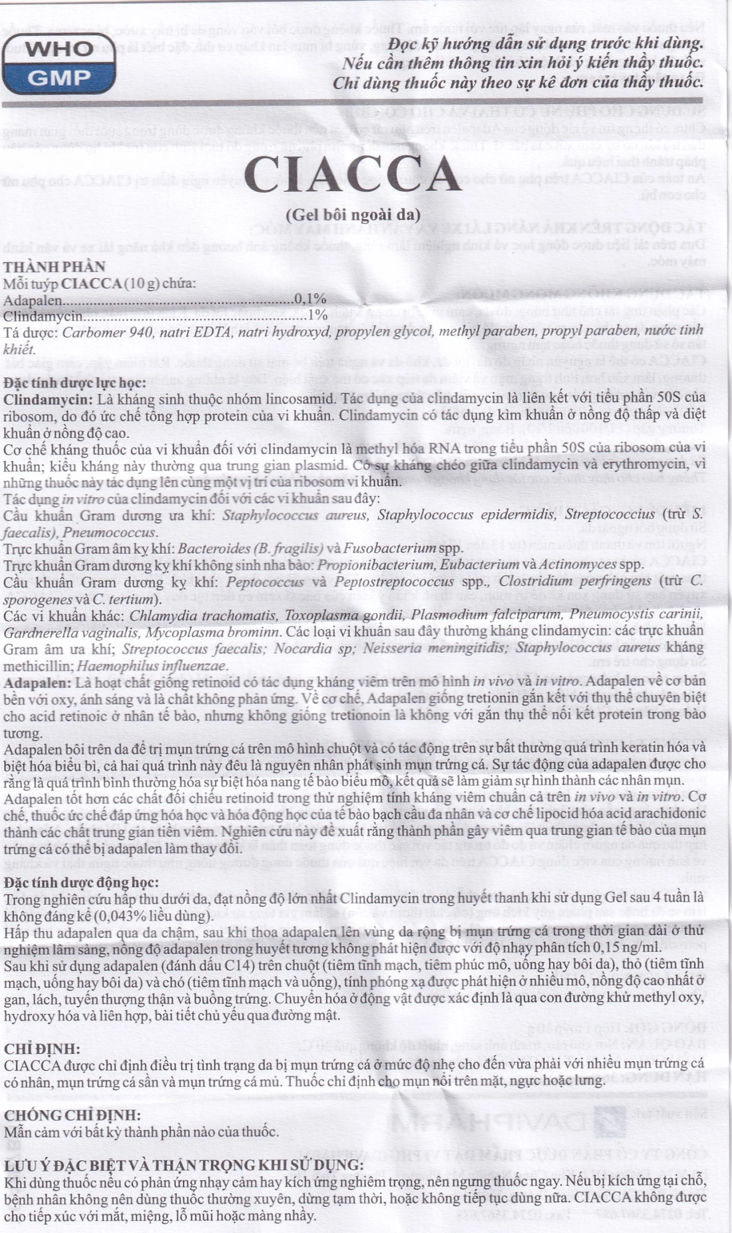 Gel bôi ngoài da Ciacca Davipharm điều trị tình trạng da bị mụn trứng cá nhẹ đến vừa (10g)