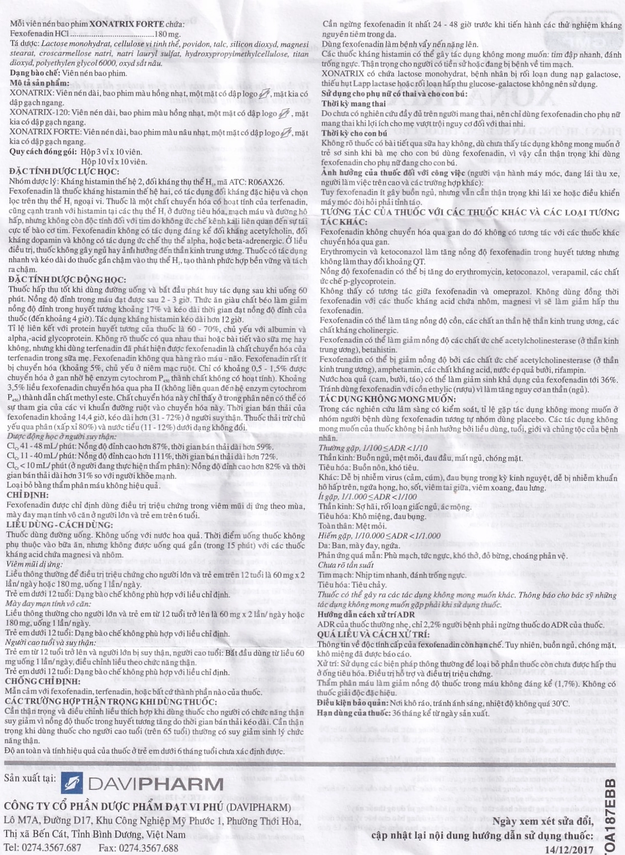 Thuốc Xonatrix-120 DaviPharm điều trị triệu chứng viêm mũi dị ứng theo mùa (3 vỉ x 10 viên)