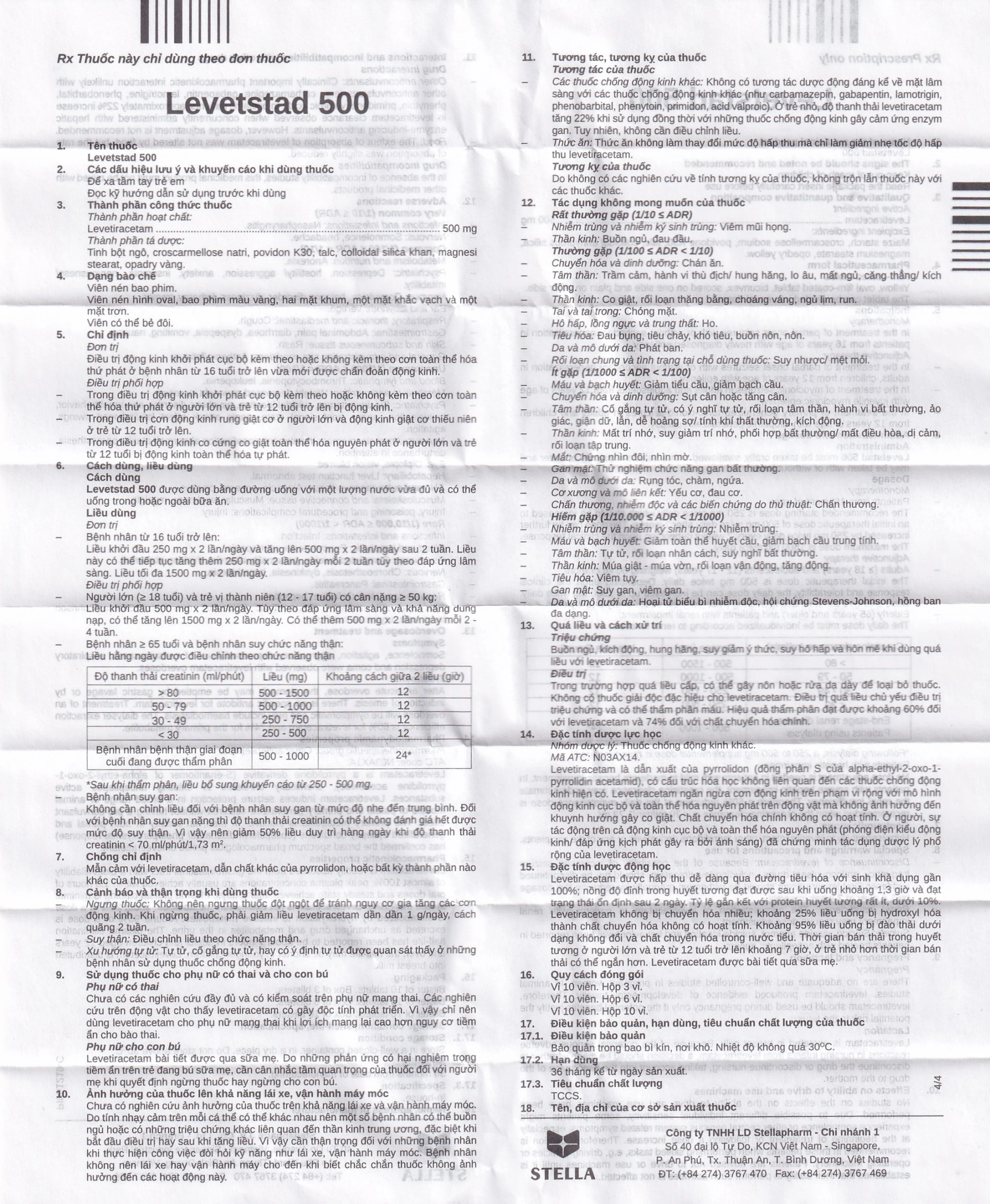 Thuốc Levetstad 500 Stella điều trị động kinh khởi phát cục bộ (3 vỉ x 10 viên)
