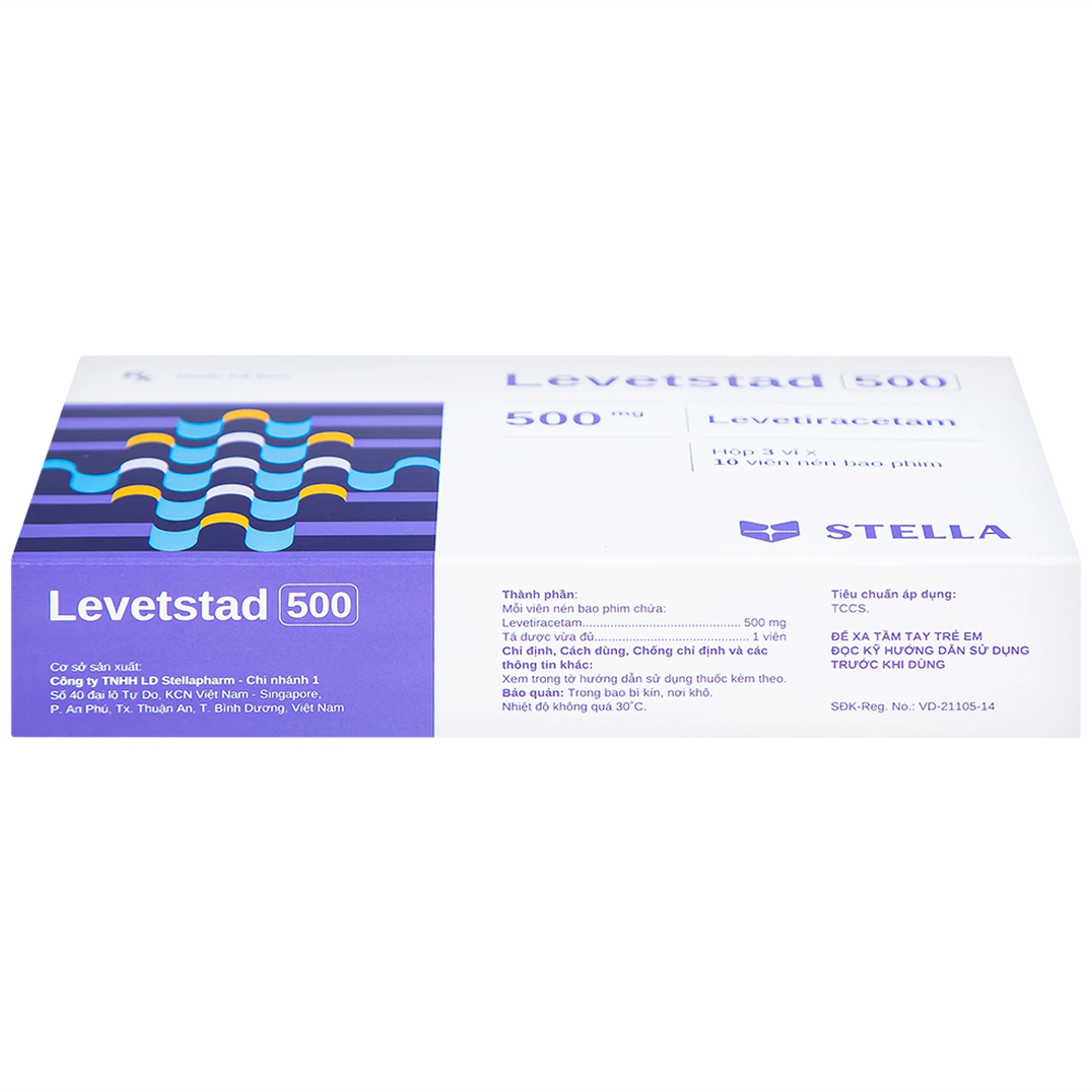 Thuốc Levetstad 500 Stella điều trị động kinh khởi phát cục bộ (3 vỉ x 10 viên)
