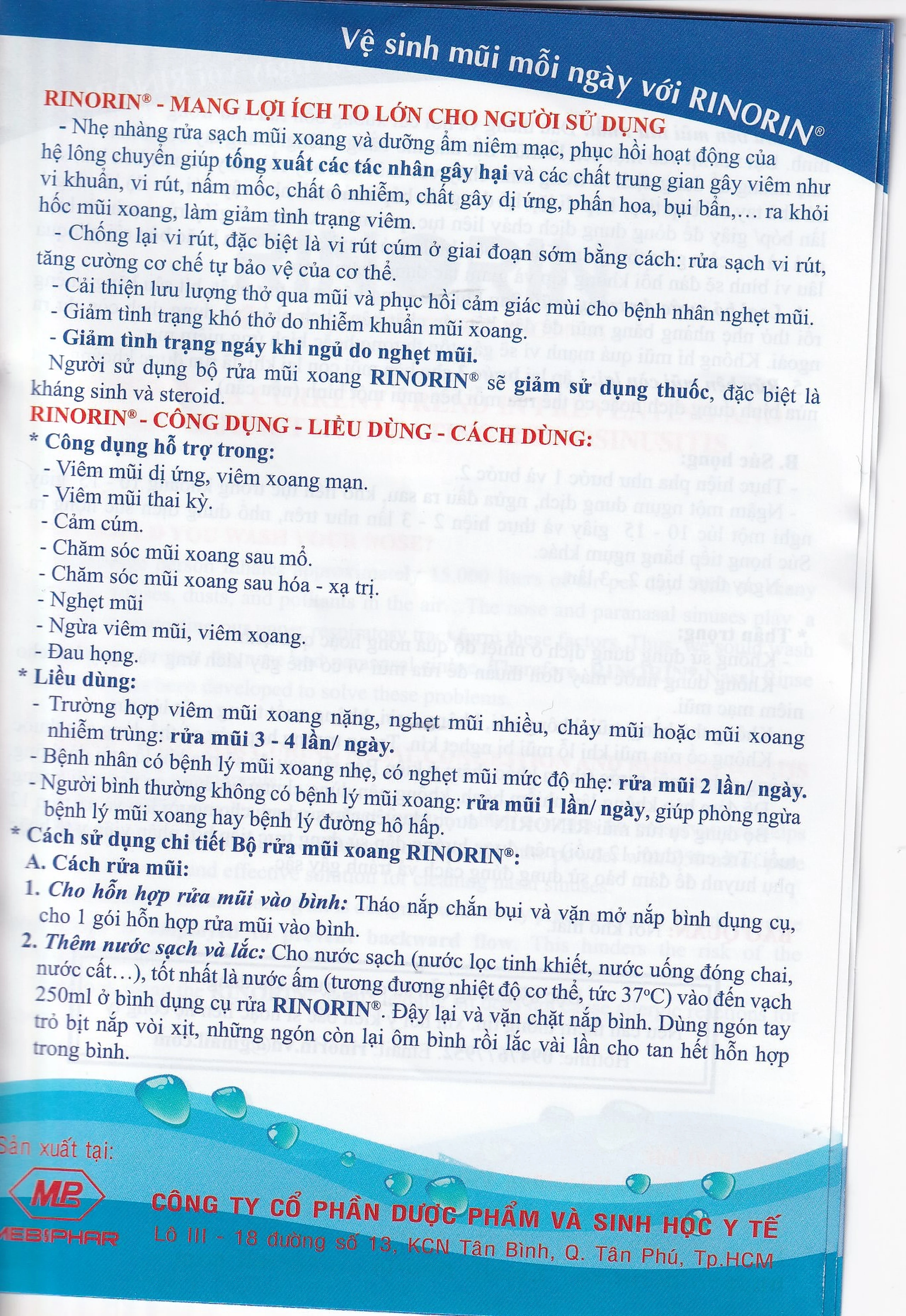 Bộ rửa mũi Rinorin (1 bình x 30 gói) chăm sóc và bảo vệ mũi xoang, viêm mũi dị ứng