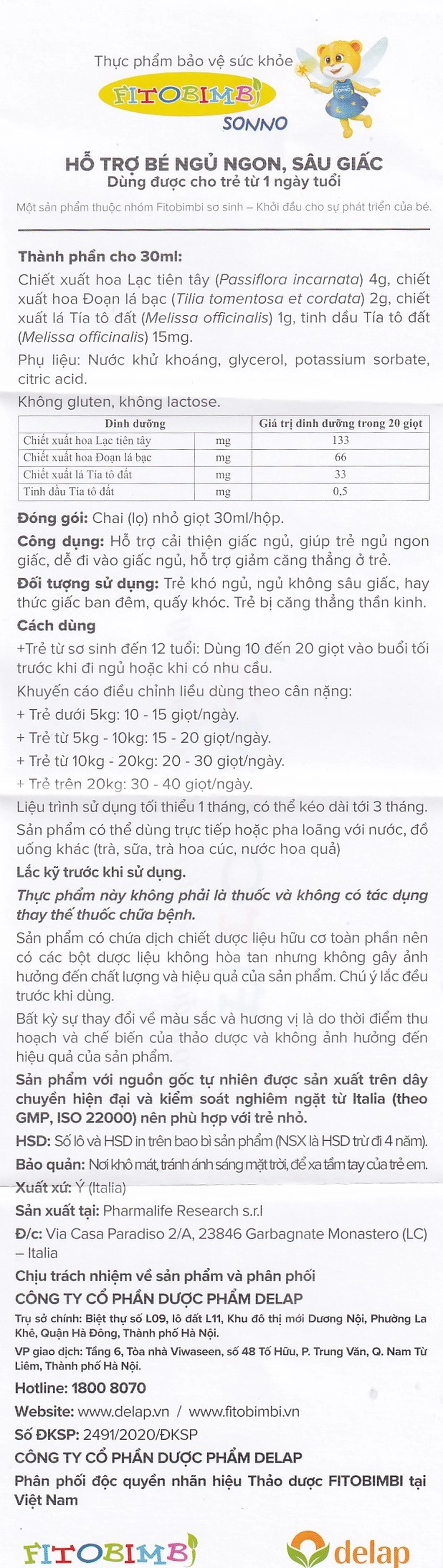 Siro giúp trẻ ngủ ngon Fitobimbi Sonno (30ml)