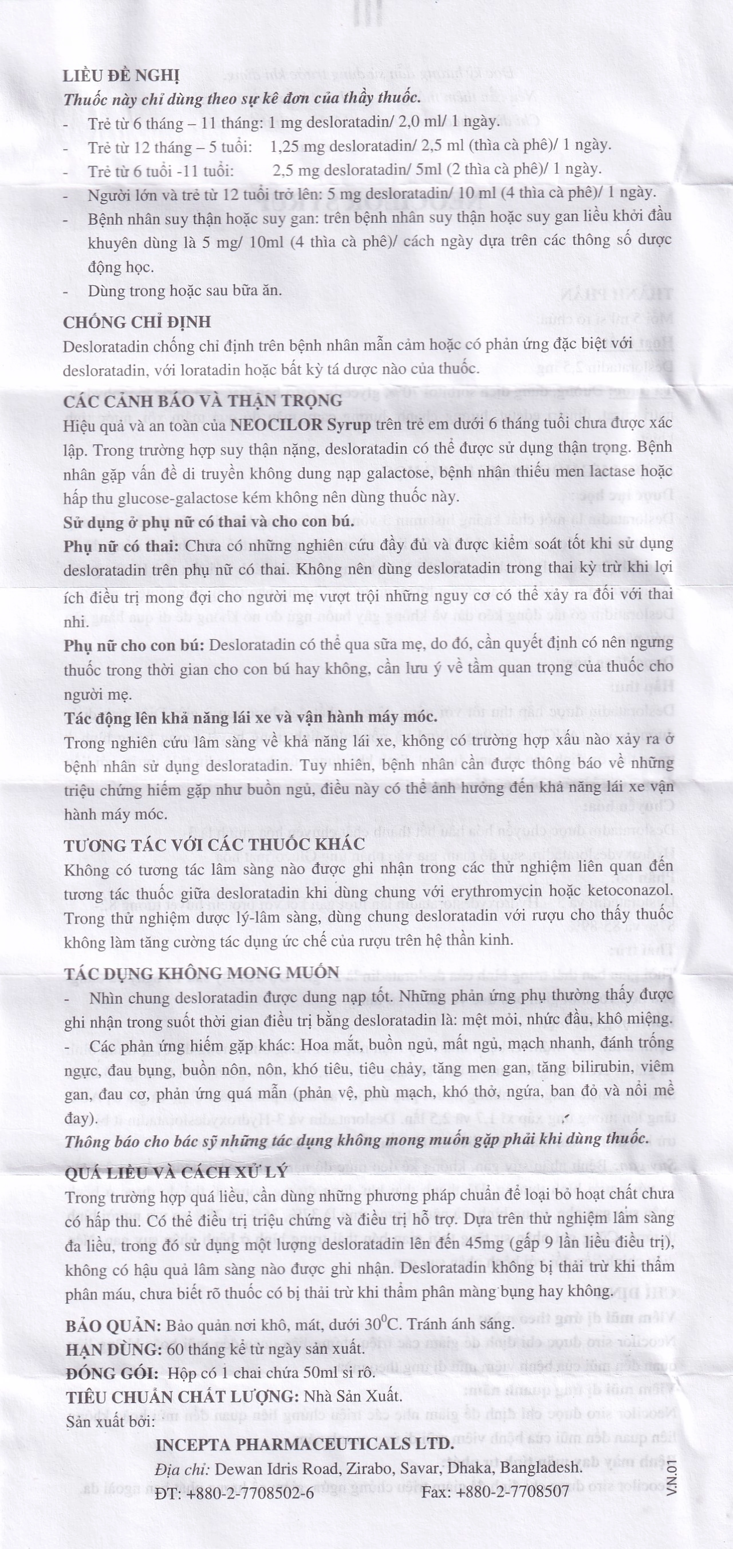 Siro Neocilor Incepta điều trị viêm mũi dị ứng, mày đay (50ml) 
