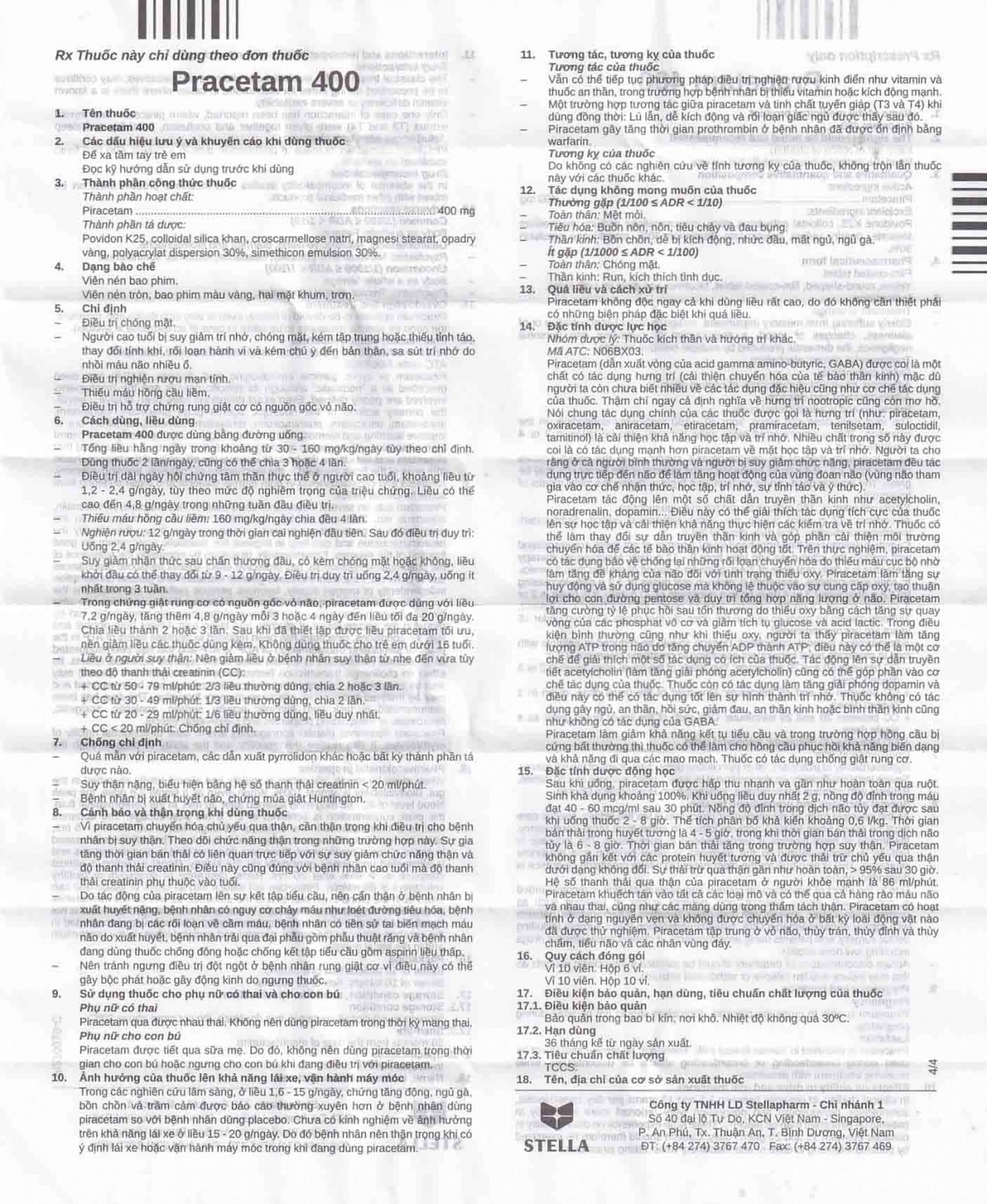 Viên nén Pracetam 400 Stella điều trị chóng mặt, suy giảm trí nhớ (10 vỉ x 10 viên)