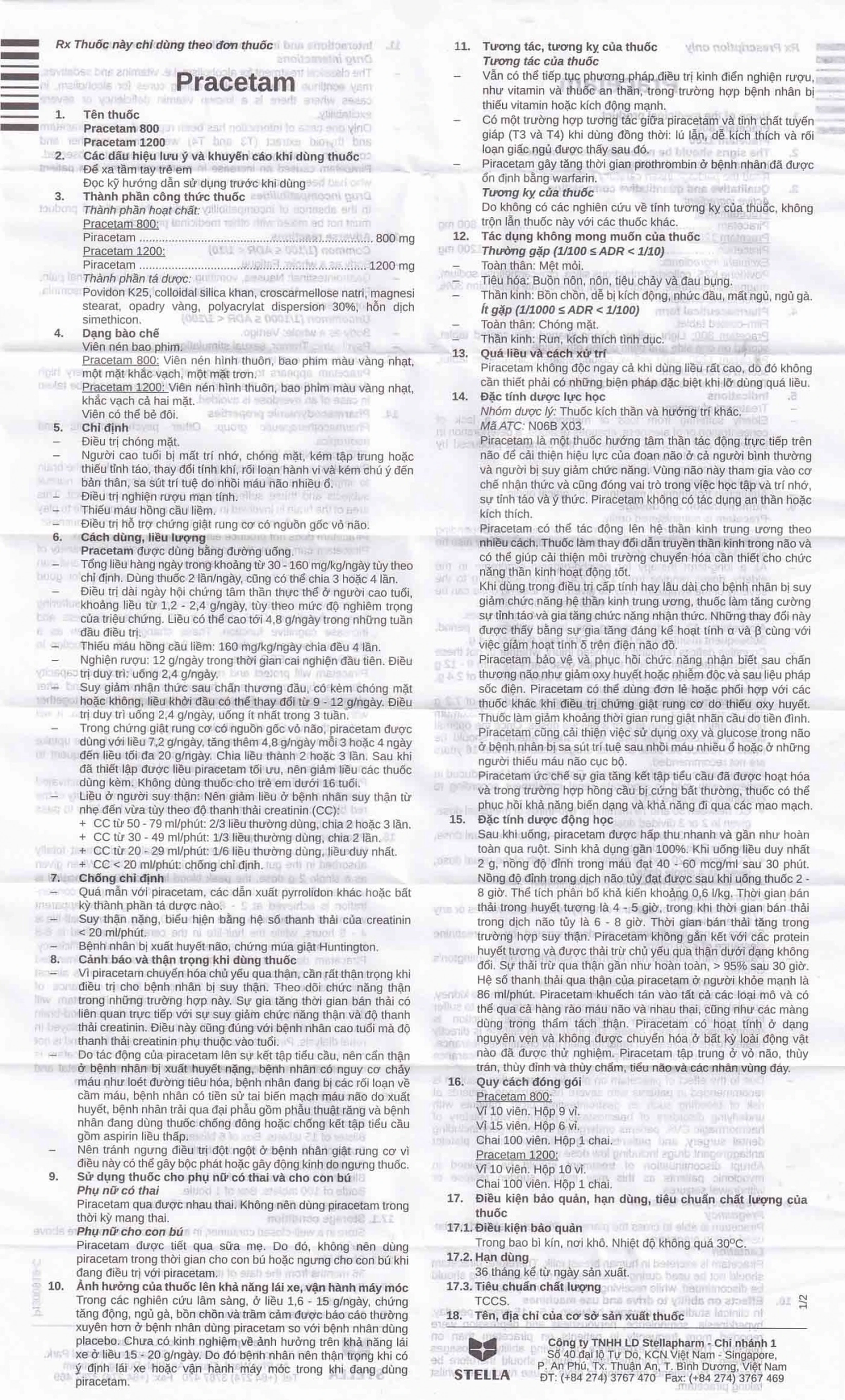 Viên nén Pracetam 800 Stella điều trị chóng mặt, suy giảm trí nhớ (6 vỉ x 15 viên)