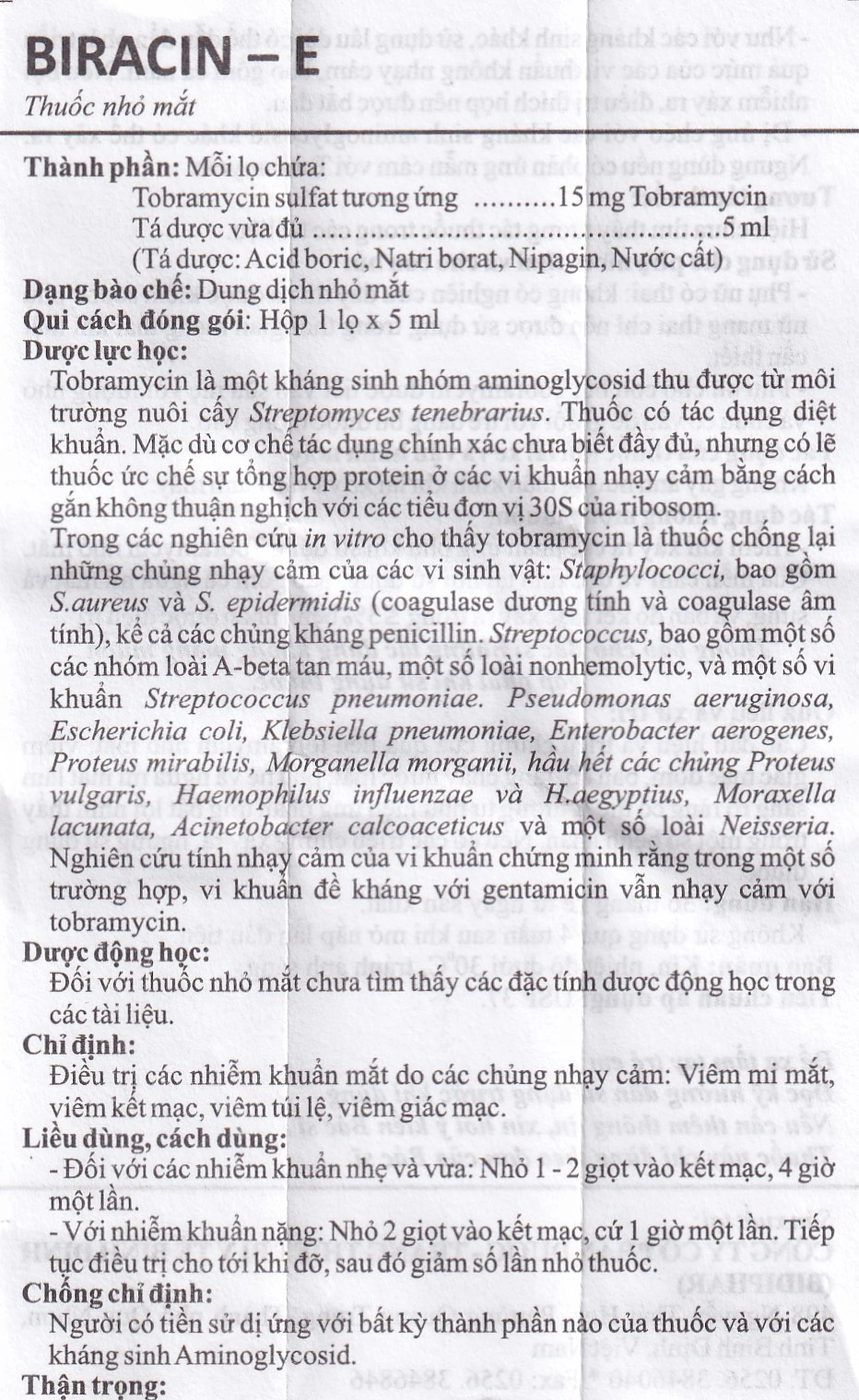 Thuốc nhỏ mắt Biracin-E Bidiphar điều trị các nhiễm khuẩn mắt do các chủng nhạy cảm (5ml)