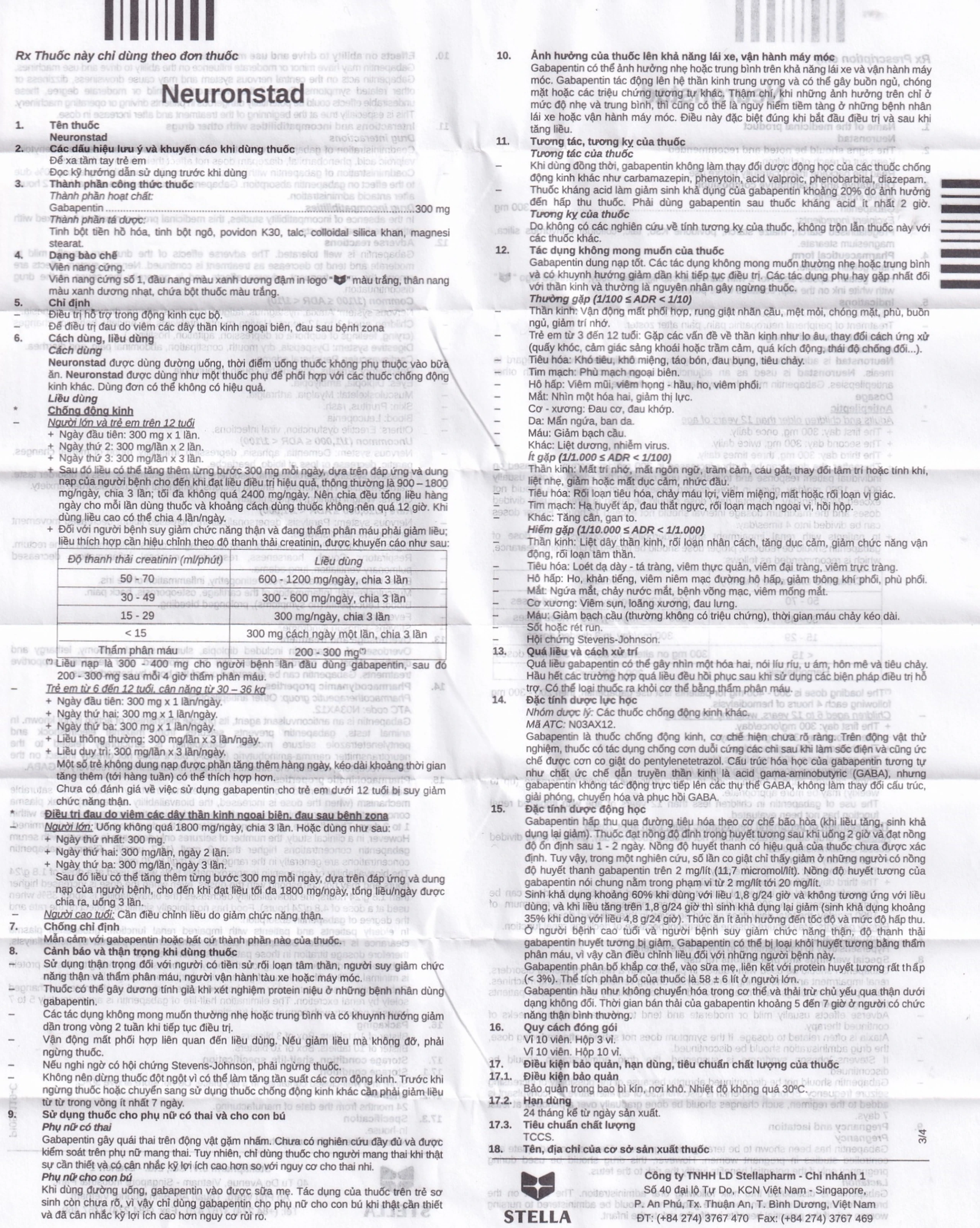 Viên nang cứng Neuronstad 300mg Stella điều trị hỗ trợ động kinh cục bộ, viêm dây thần kinh (3 vỉ x 10 viên)