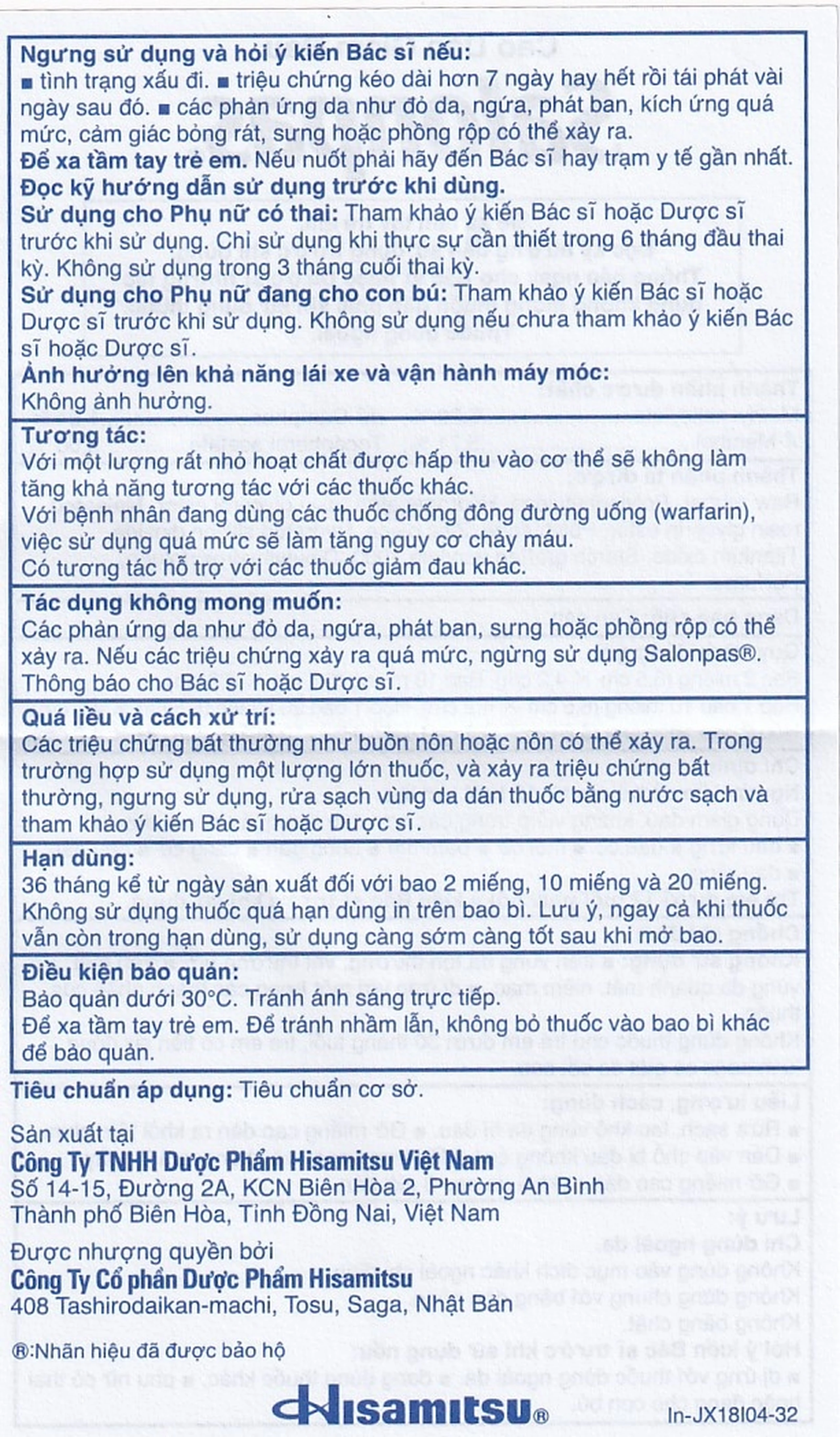 Cao dán Salonpas Hisamitsu giảm đau vai, đau lưng, đau cơ (2 gói x 10 miếng)