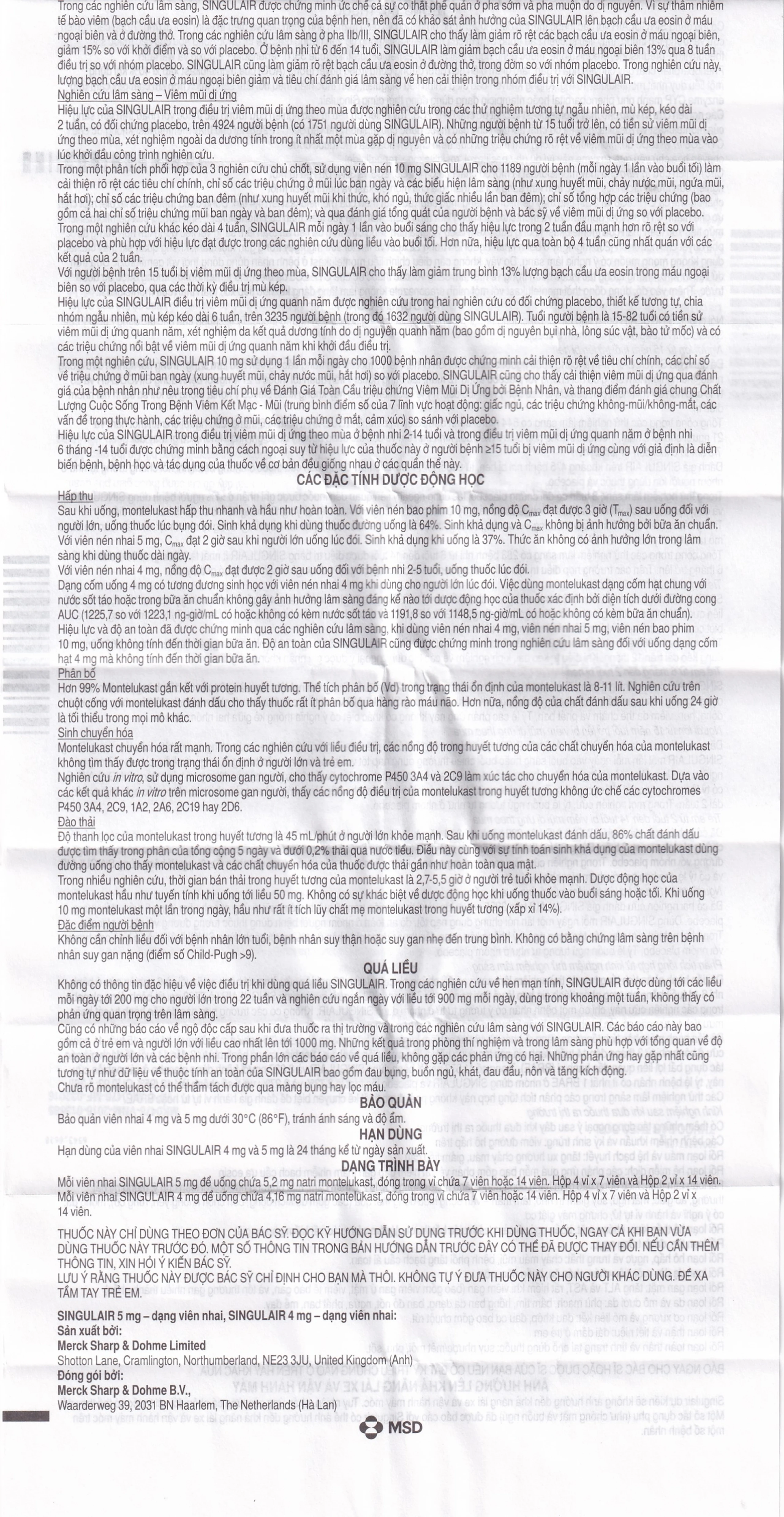 Viên nhai Singulair 5mg MSD điều trị hen phế quản mạn tính (2 vỉ x 14 viên) 