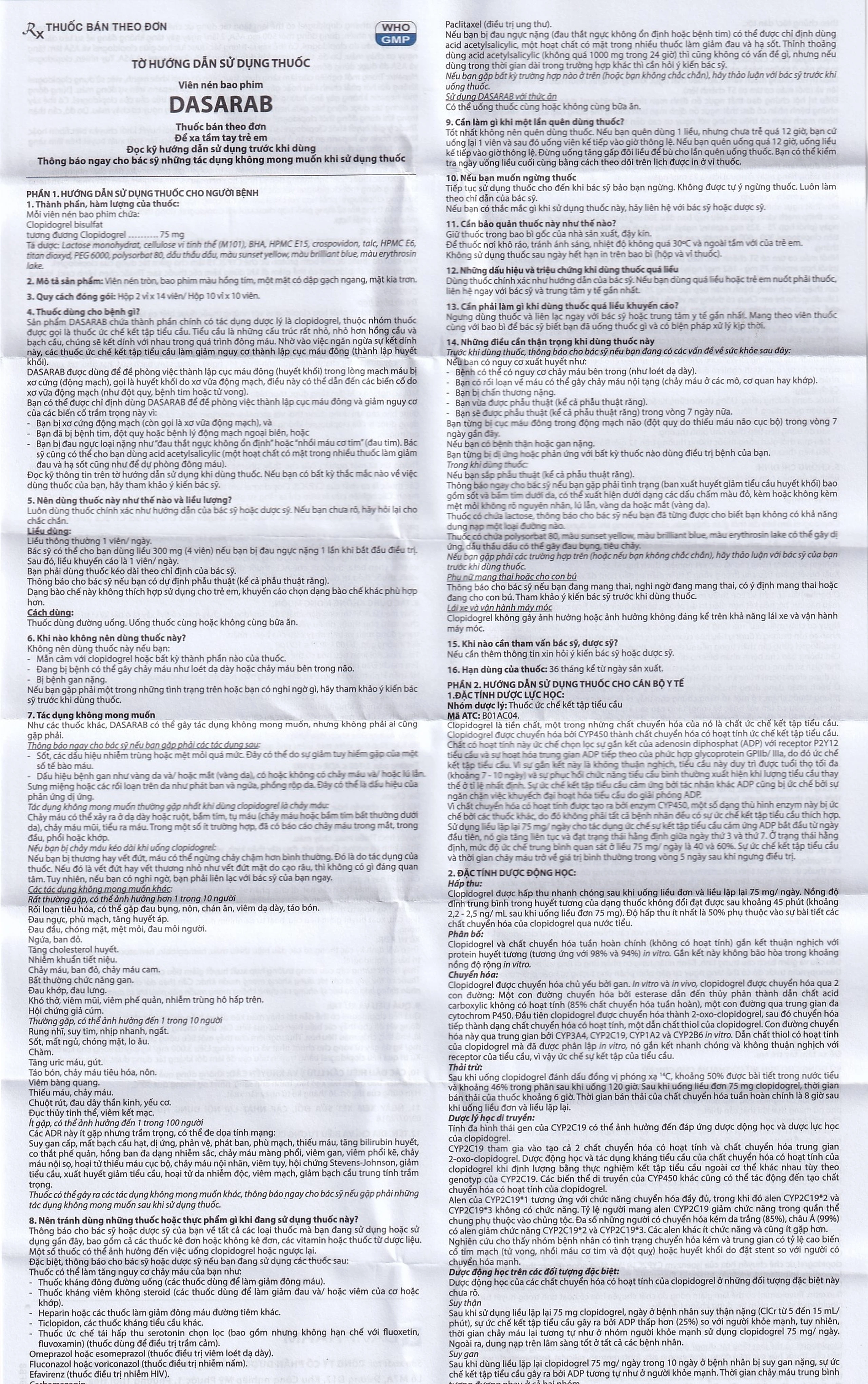 Thuốc Dasarab 75mg Davi Pharm điều trị hội chứng mạch vành cấp (2 vỉ x 14 viên)