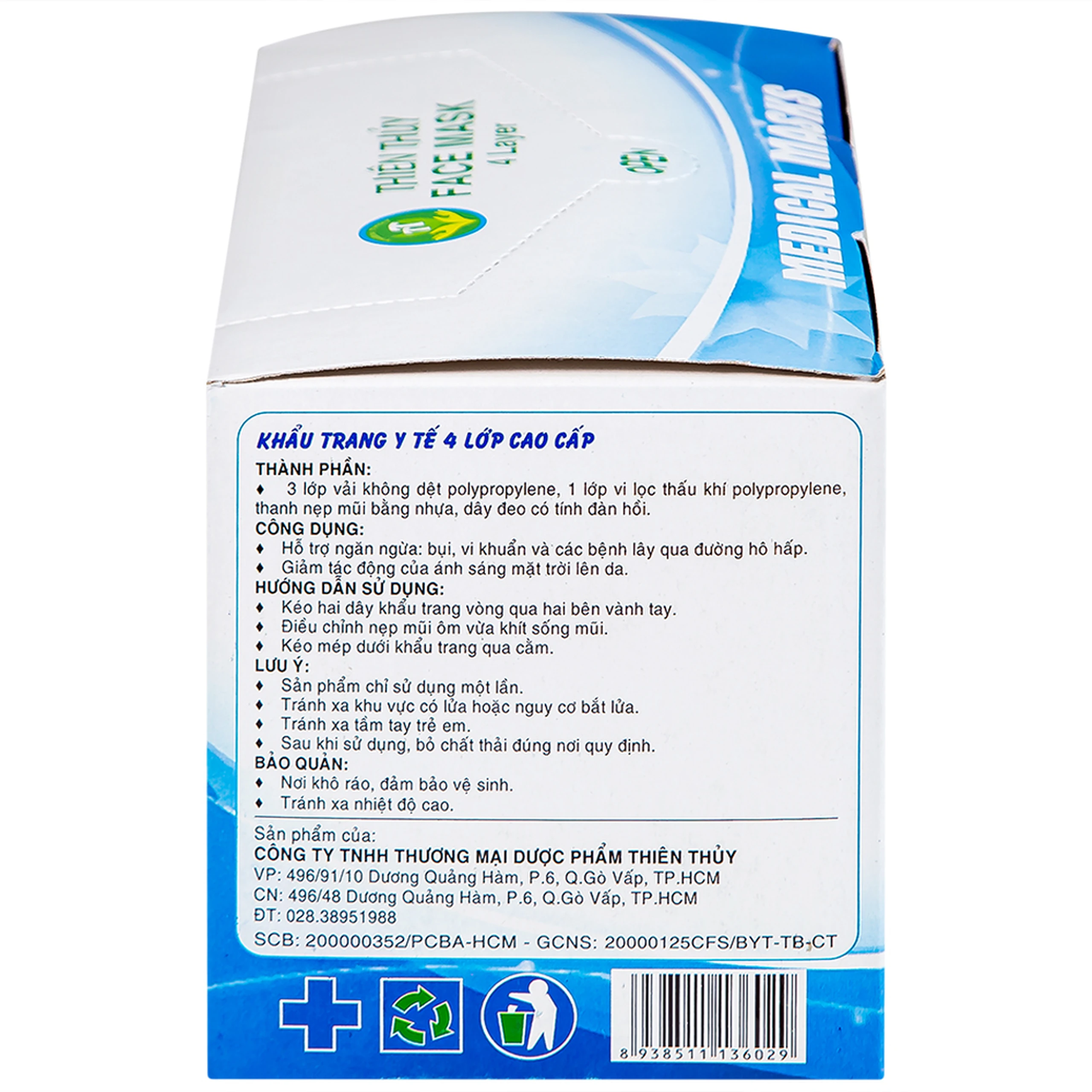 Khẩu trang 4 lớp Thiên Thủy màu xanh (50 cái) ngăn khói bụi, vi khuẩn