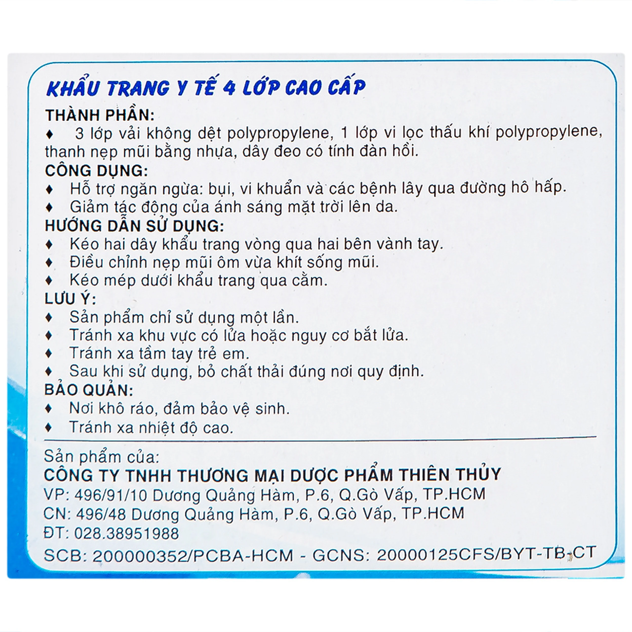 Khẩu trang 4 lớp Thiên Thủy màu xanh (50 cái) ngăn khói bụi, vi khuẩn