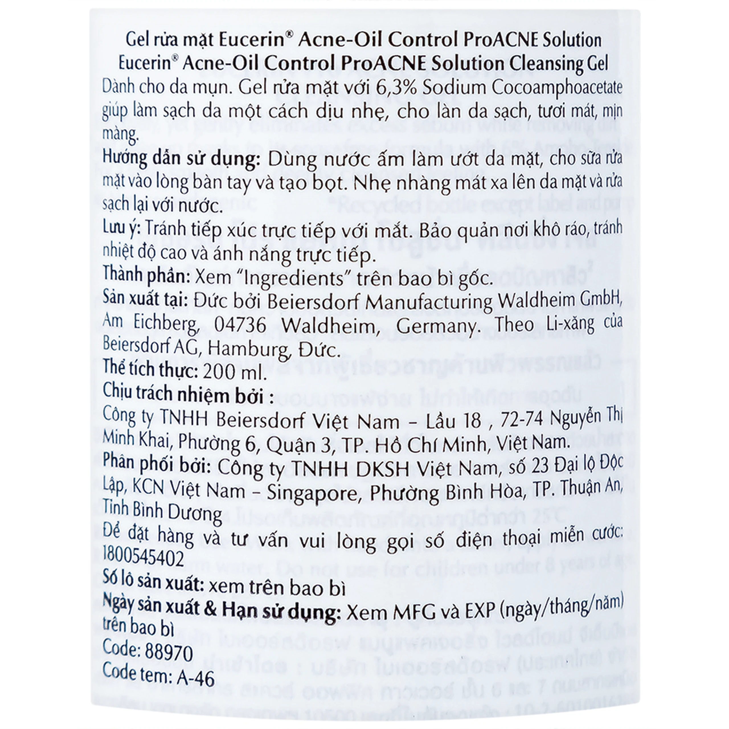 Gel rửa mặt cho da nhờn mụn Eucerin Pro Acne Cleansing (200ml)