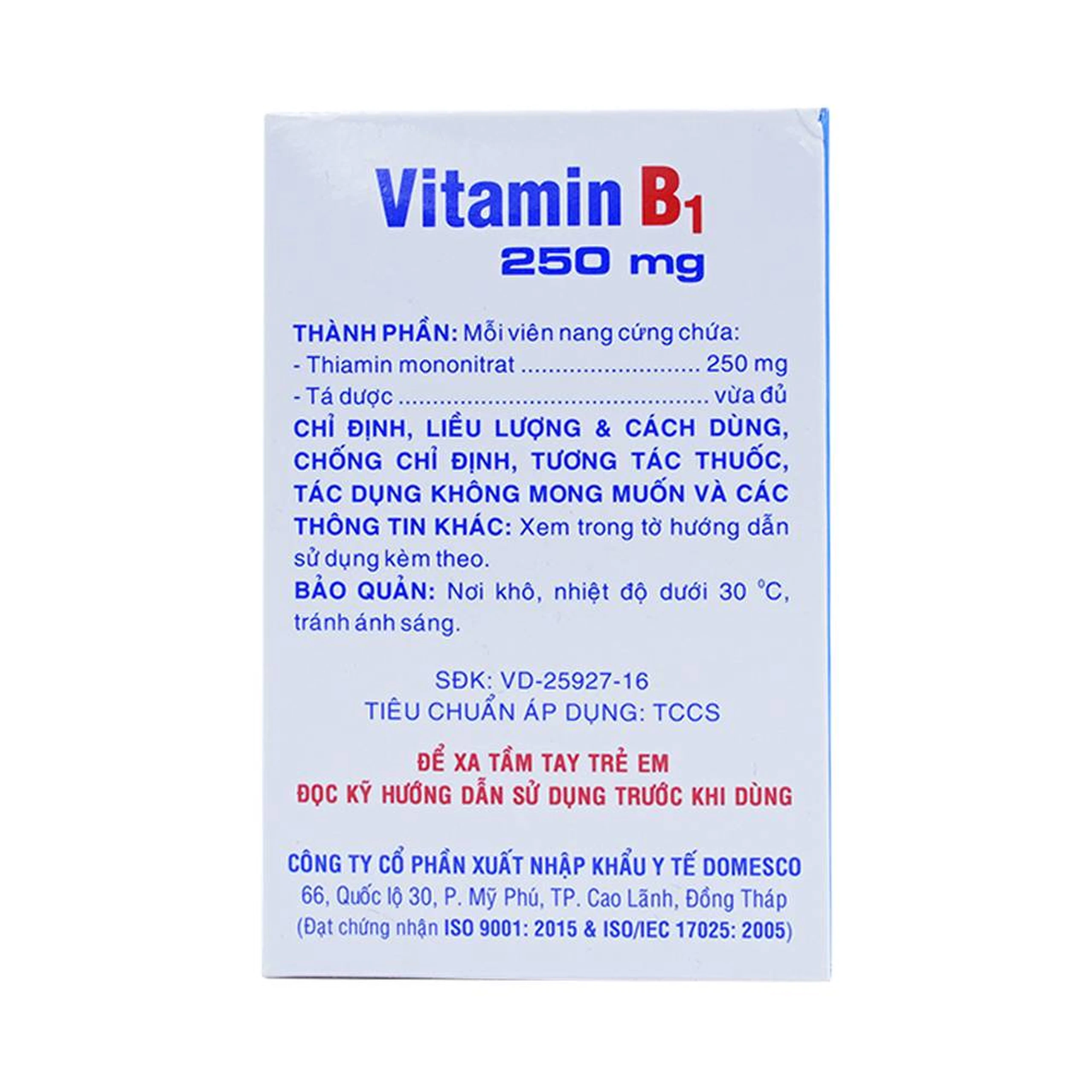 Thuốc Vitamin B1 250mg Domesco điều trị bệnh do thiếu Vitamin B1 (20 vỉ x 10 viên)
