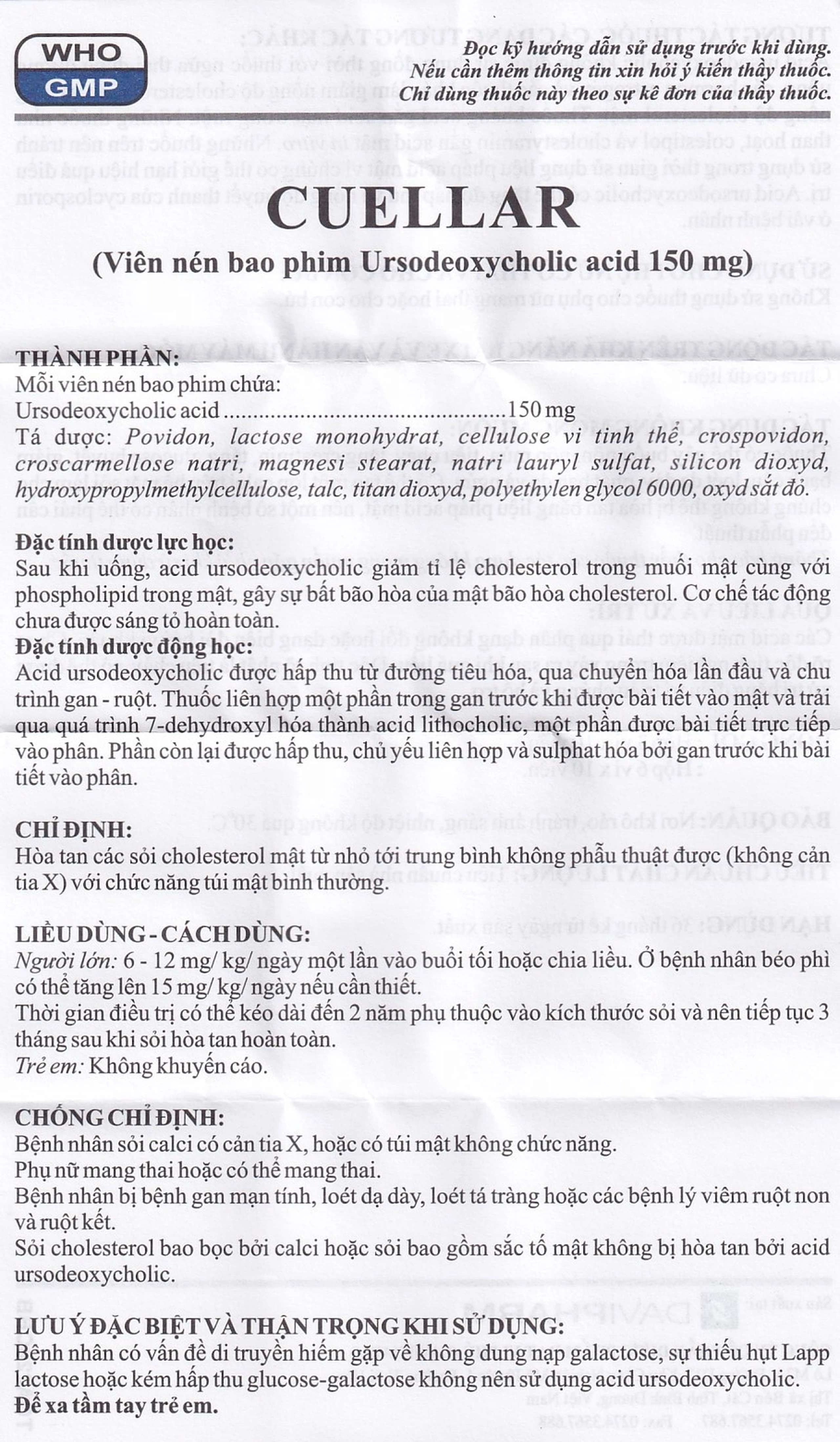 Thuốc Cuellar 150mg Davi Pharm dùng để hòa tan các sỏi cholesterol mật (6 vỉ x 10 viên)