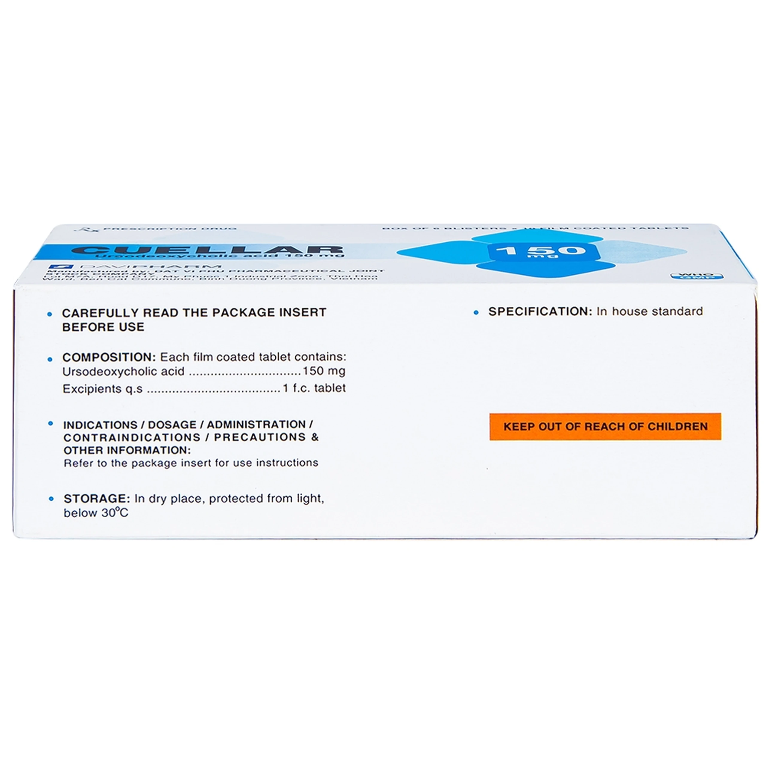 Thuốc Cuellar 150mg Davi Pharm dùng để hòa tan các sỏi cholesterol mật (6 vỉ x 10 viên)