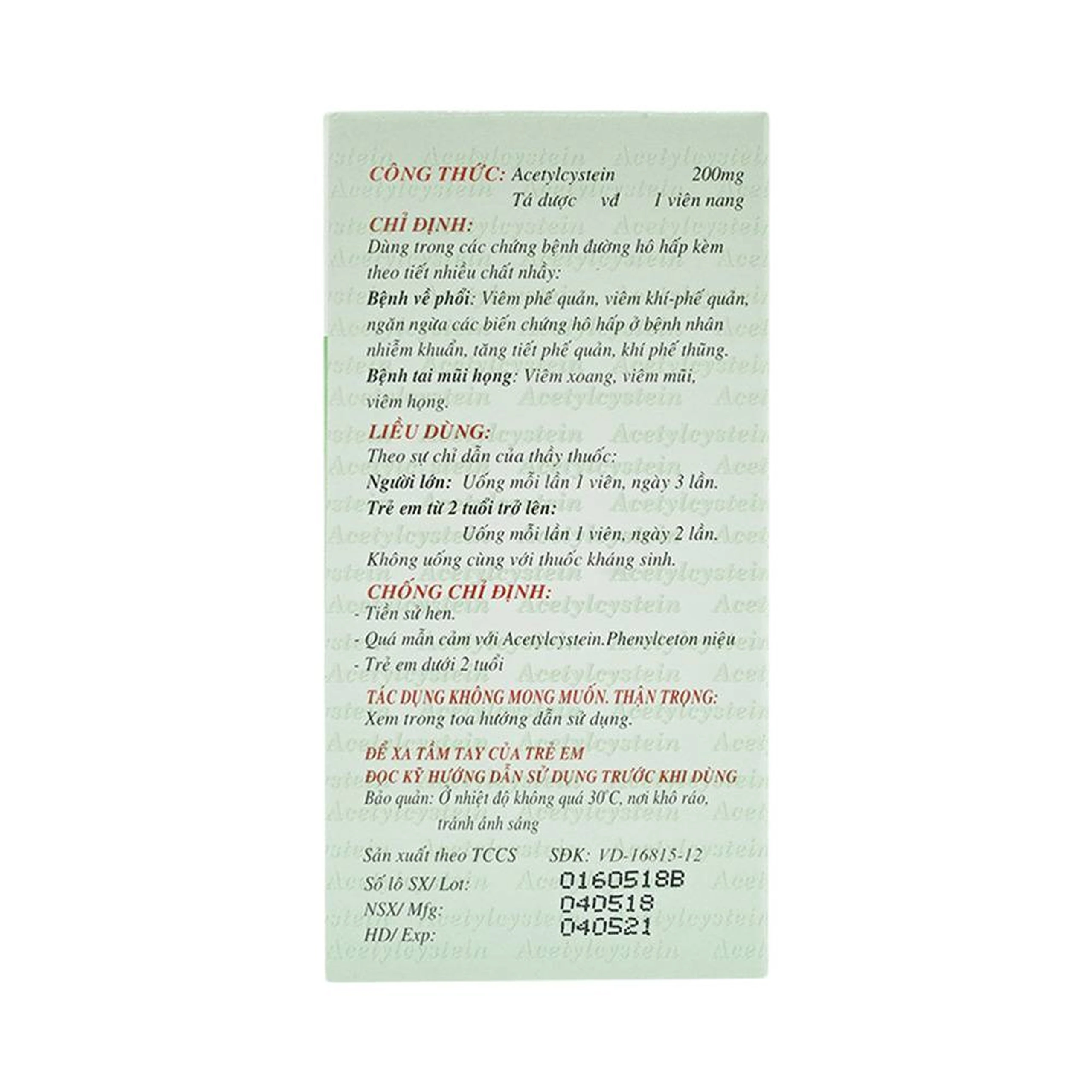Thuốc Acetylcystein 200mg Nadyphar tiêu nhầy trong bệnh viêm phế quản, bệnh nhầy nhớt (10 vỉ x 10 viên)