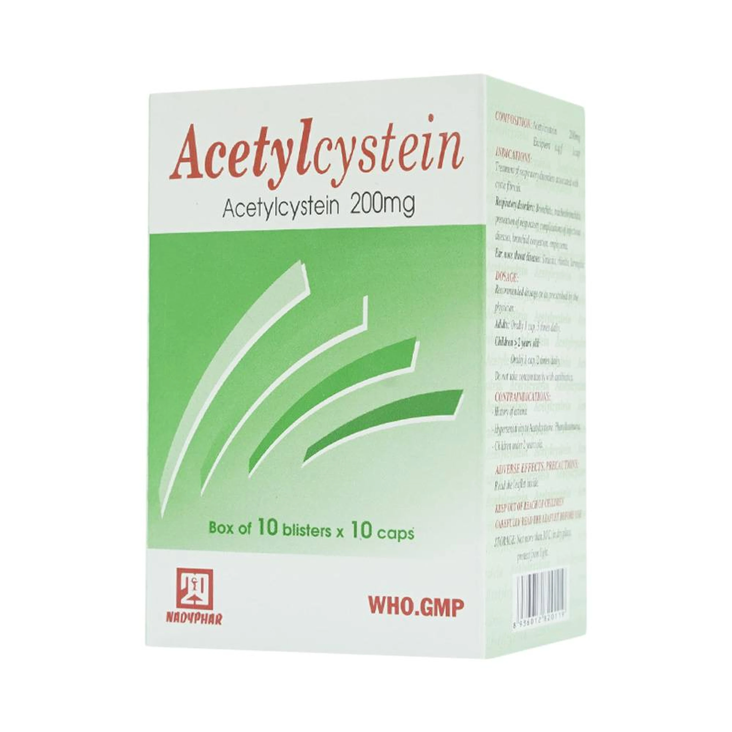 Thuốc Acetylcystein 200mg Nadyphar tiêu nhầy trong bệnh viêm phế quản, bệnh nhầy nhớt (10 vỉ x 10 viên)