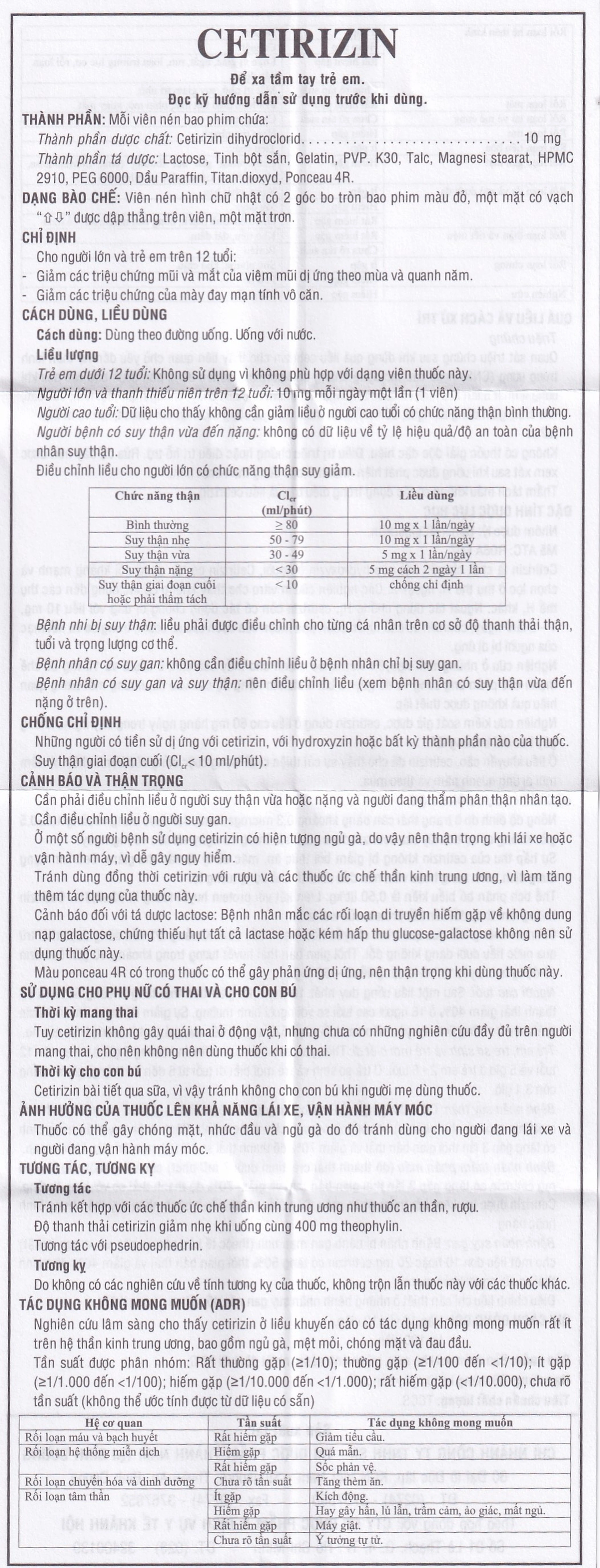 Thuốc Cetirizin 10mg Thành Nam điều trị viêm mũi dị ứng, mày đay (10 vỉ x 10 viên)