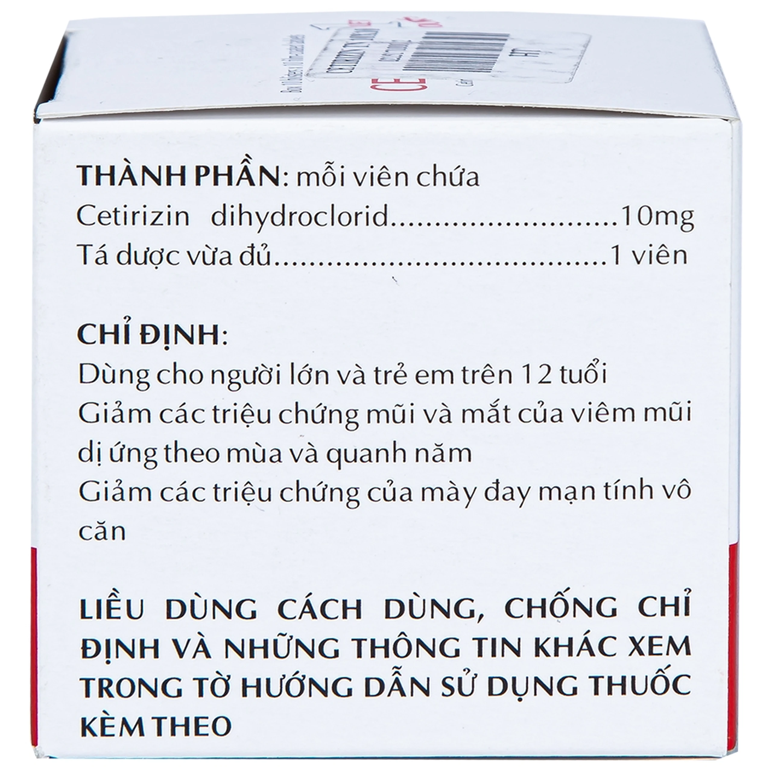 Thuốc Cetirizin 10mg Thành Nam điều trị viêm mũi dị ứng, mày đay (10 vỉ x 10 viên)