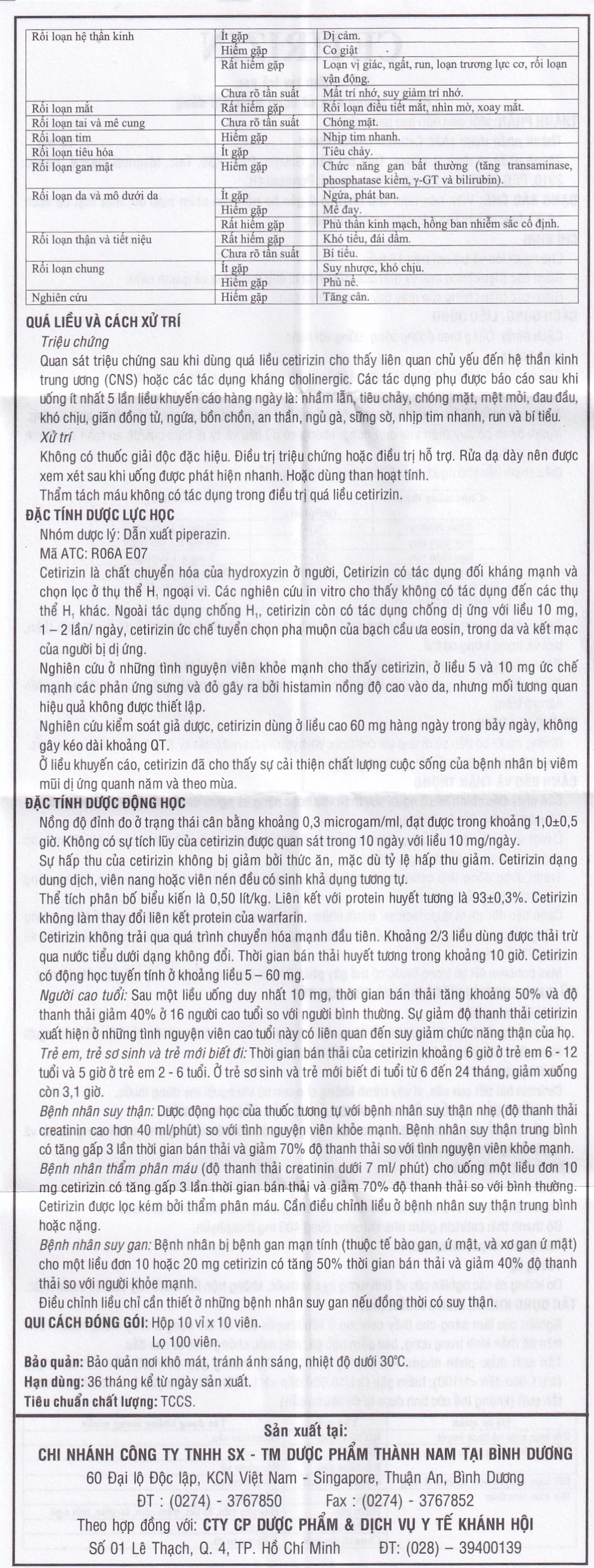 Thuốc Cetirizin 10mg Thành Nam điều trị viêm mũi dị ứng, mày đay (10 vỉ x 10 viên)