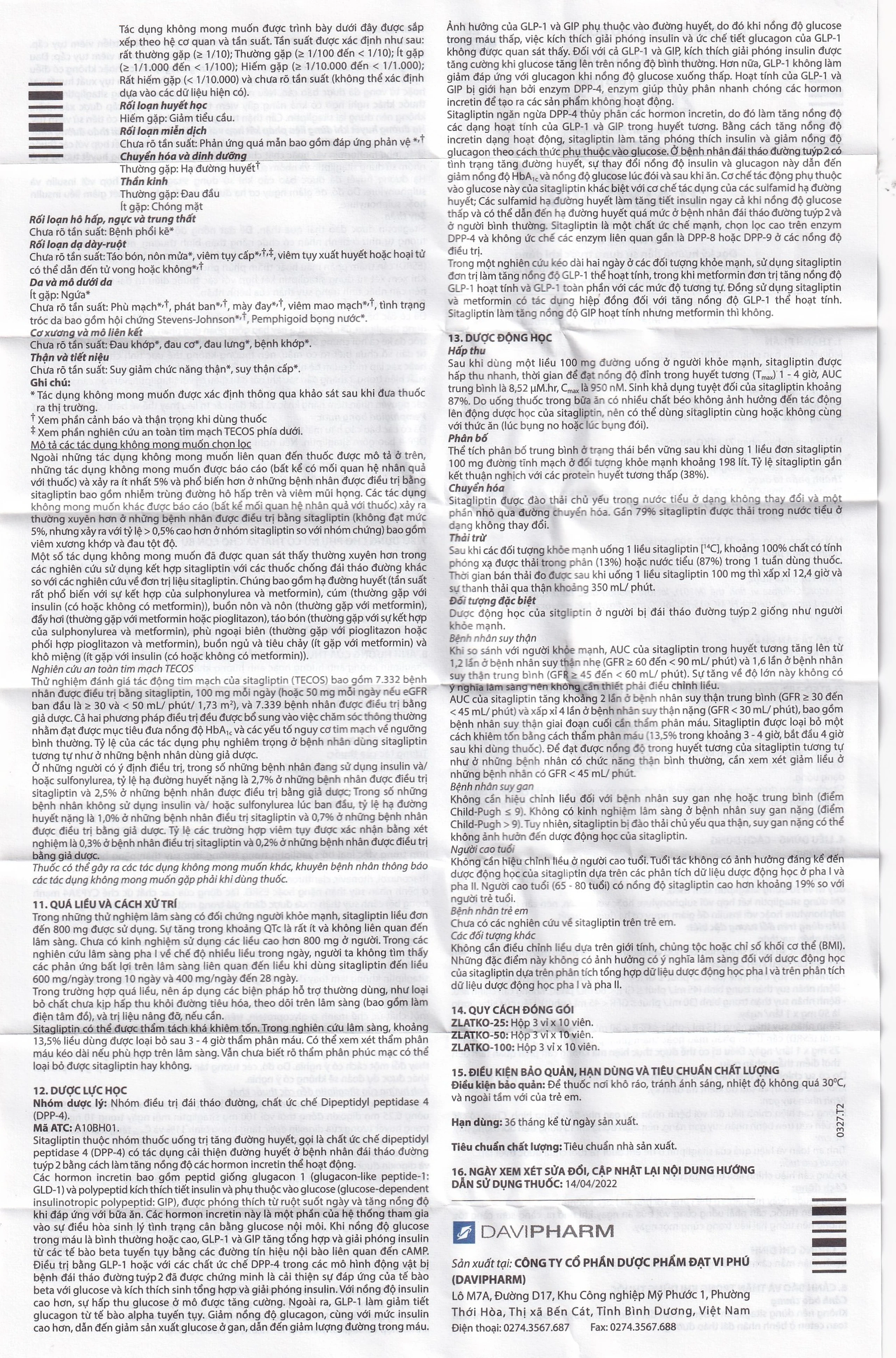 Thuốc Zlatko-100 DaviPharm điều trị đái tháo đường típ 2 (3 vỉ x 10 viên)