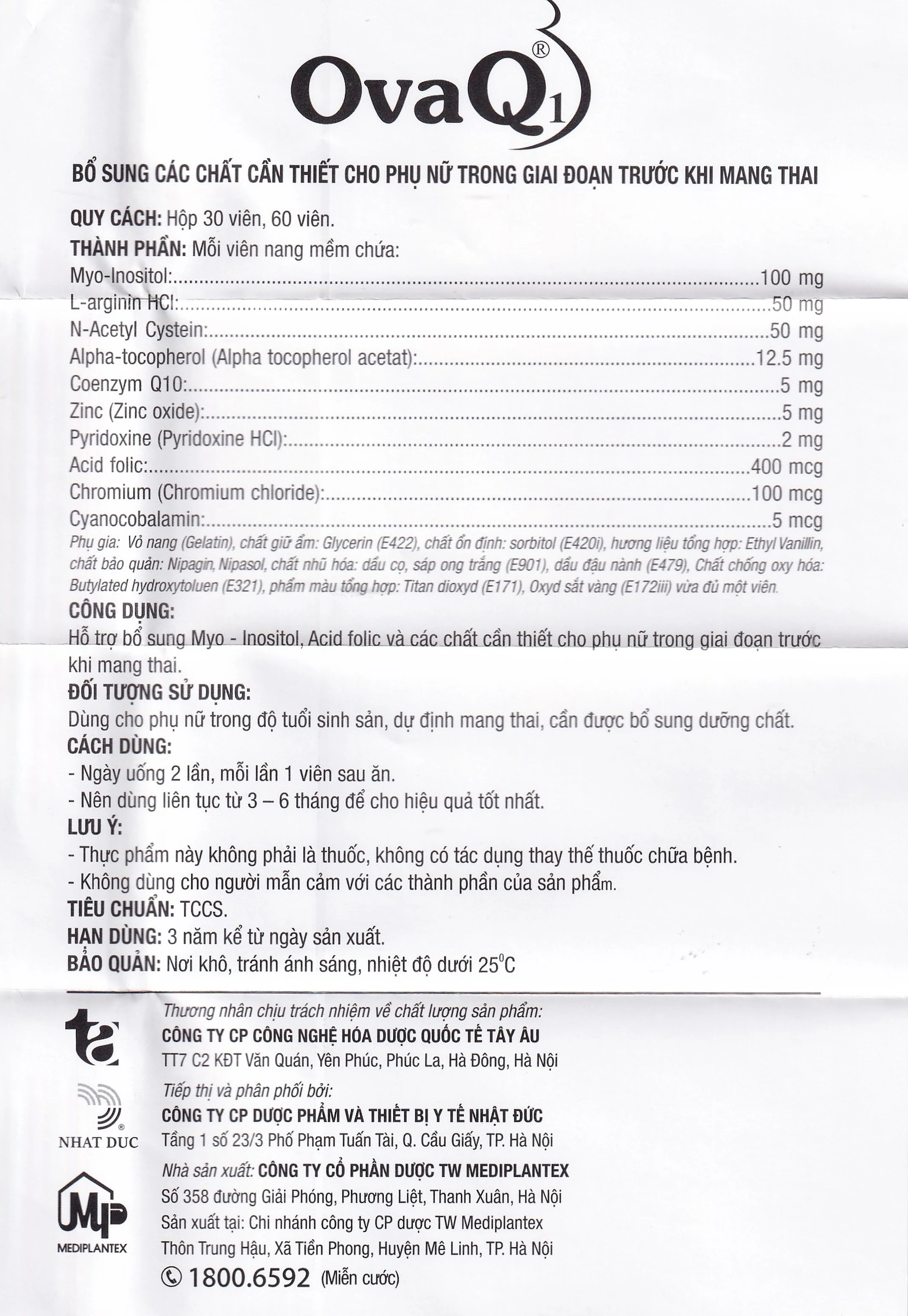 Viên bổ sung Myo Inositol Acid folic phụ nữ trước mang thai OvaQ1 (3 vỉ x 10 viên)