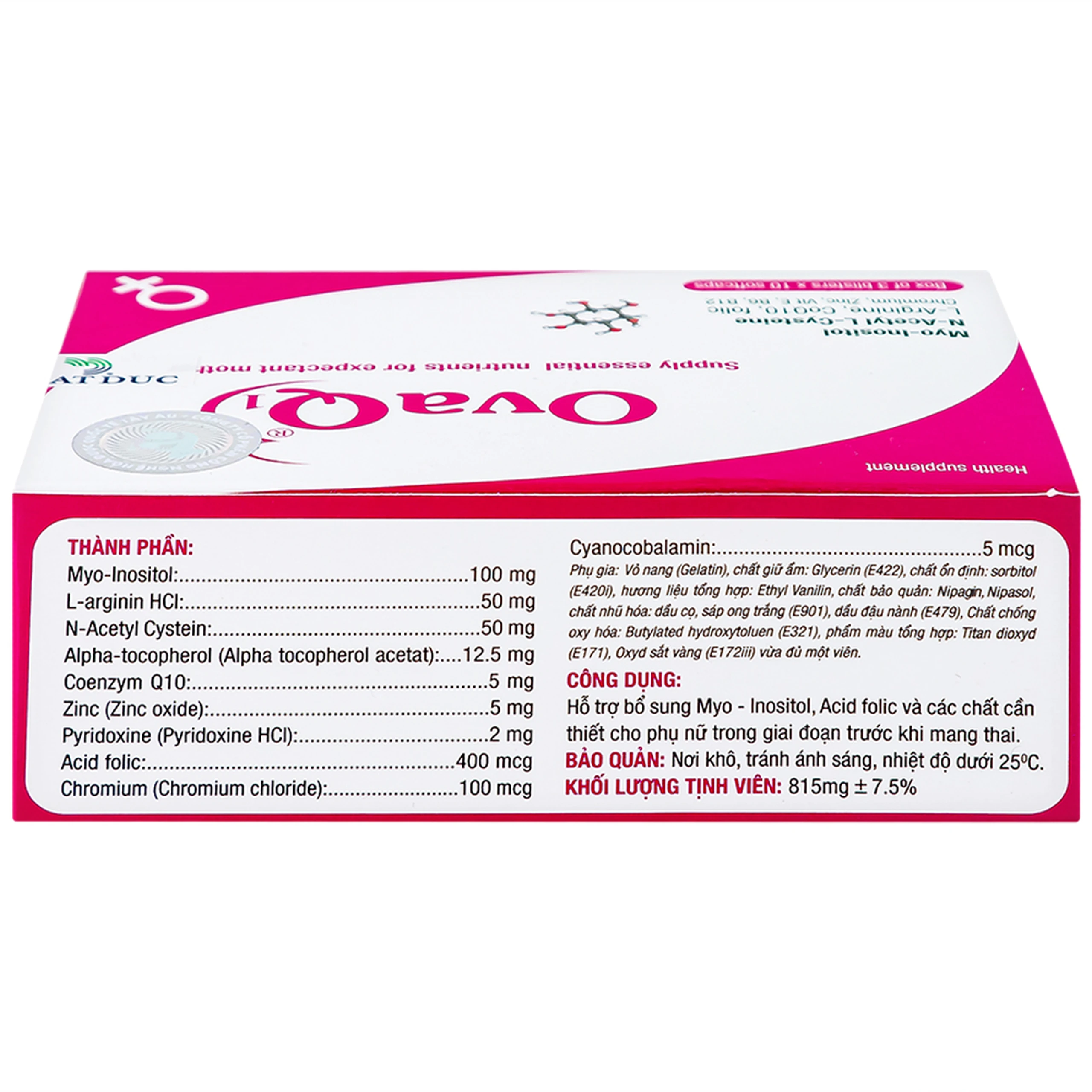 Viên bổ sung Myo Inositol Acid folic phụ nữ trước mang thai OvaQ1 (3 vỉ x 10 viên)