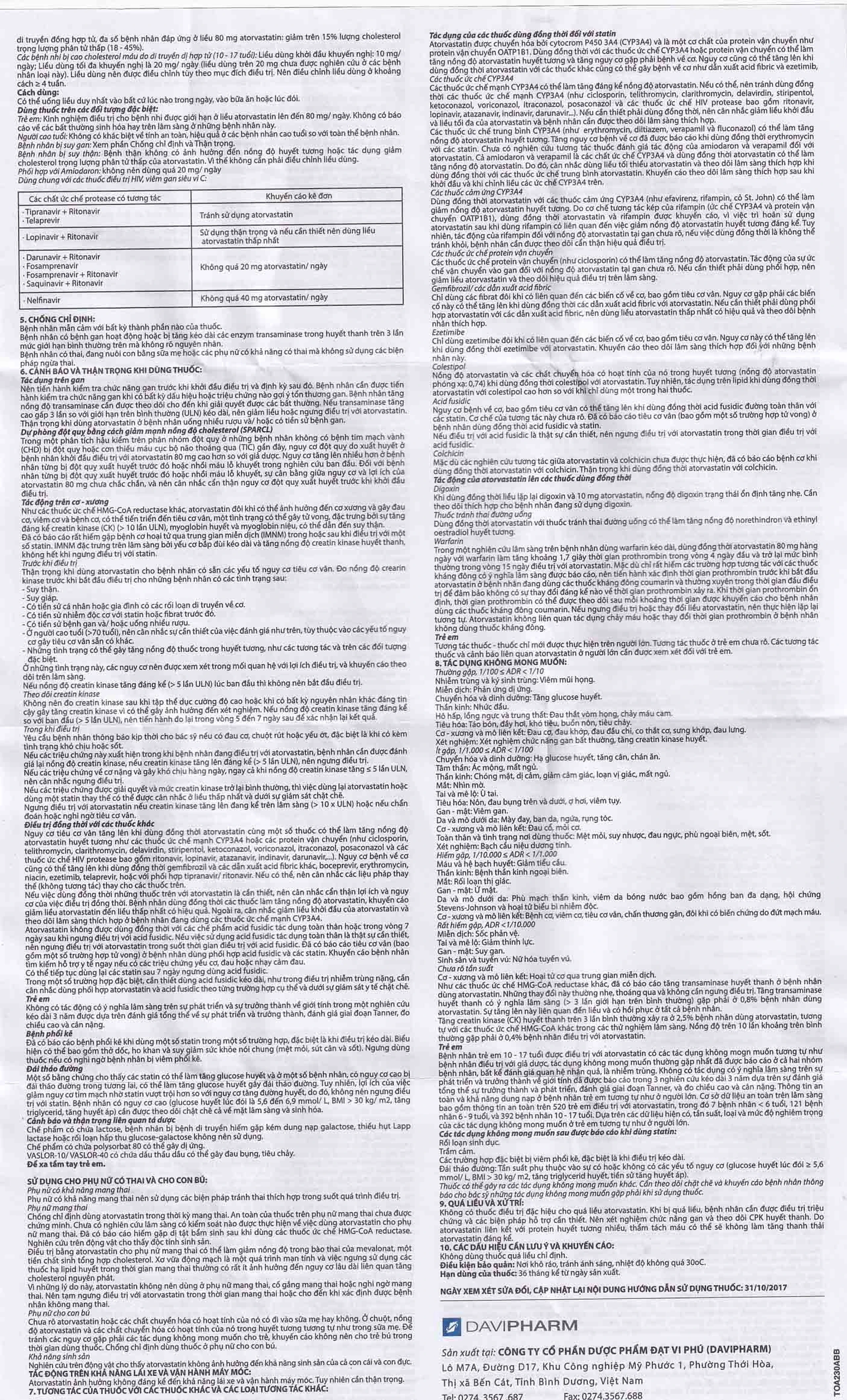 Thuốc Vaslor 10 Davi Pharm giảm cholesterol và triglycerid trong máu (4 vỉ x 7 viên)