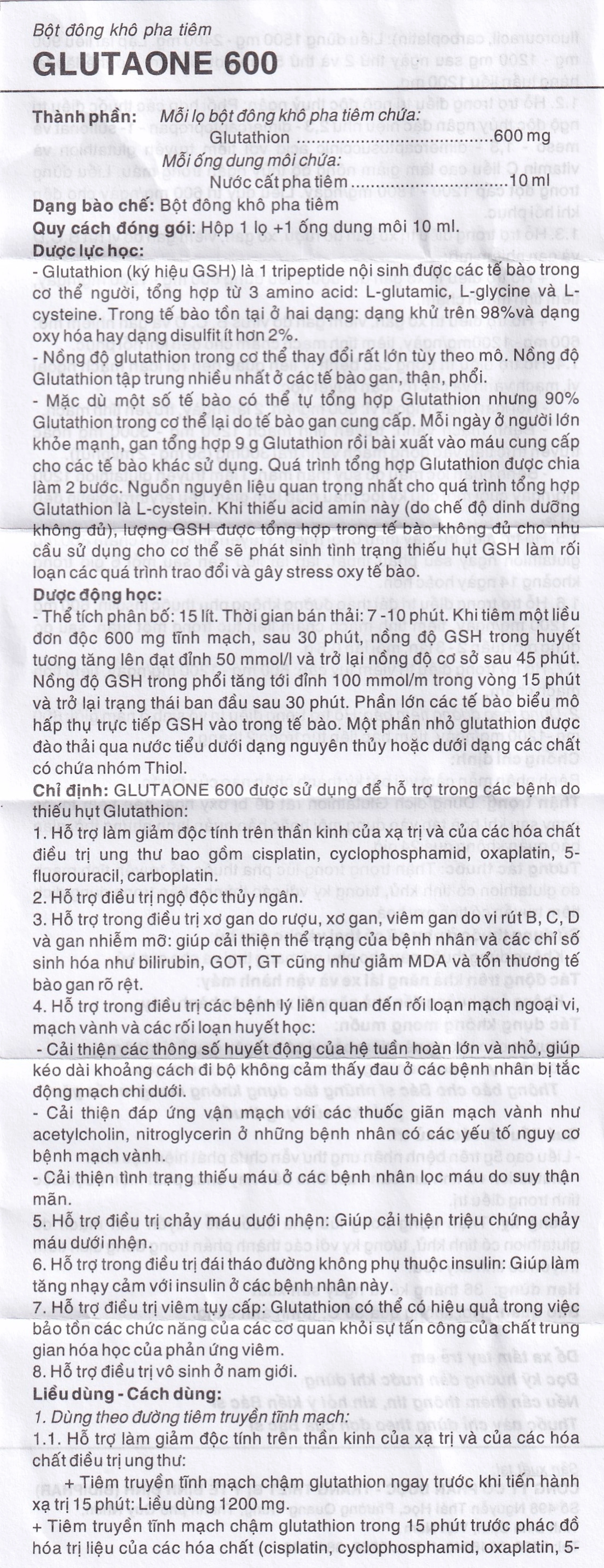 Bột pha tiêm Glutaone 600 Bidiphar hỗ trợ điều trị ngộ độc thủy ngân (1 ống dung môi x 10ml)