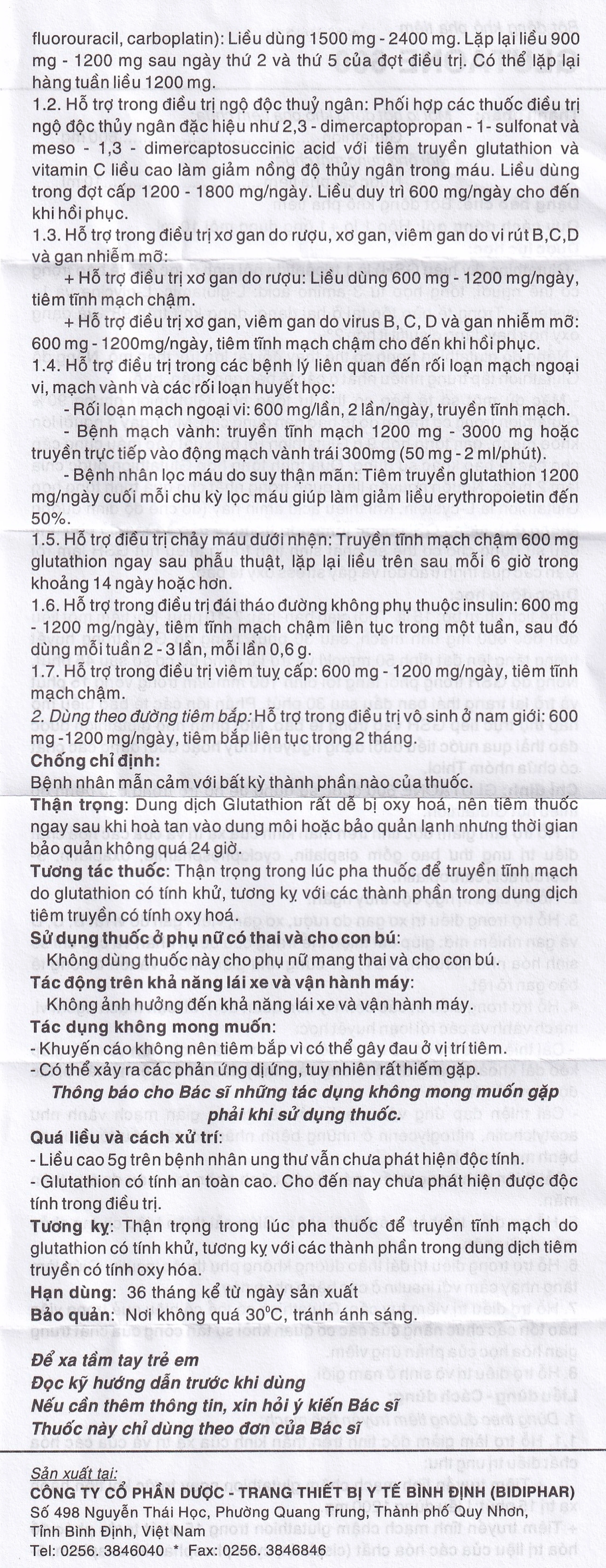 Bột pha tiêm Glutaone 600 Bidiphar hỗ trợ điều trị ngộ độc thủy ngân (1 ống dung môi x 10ml)