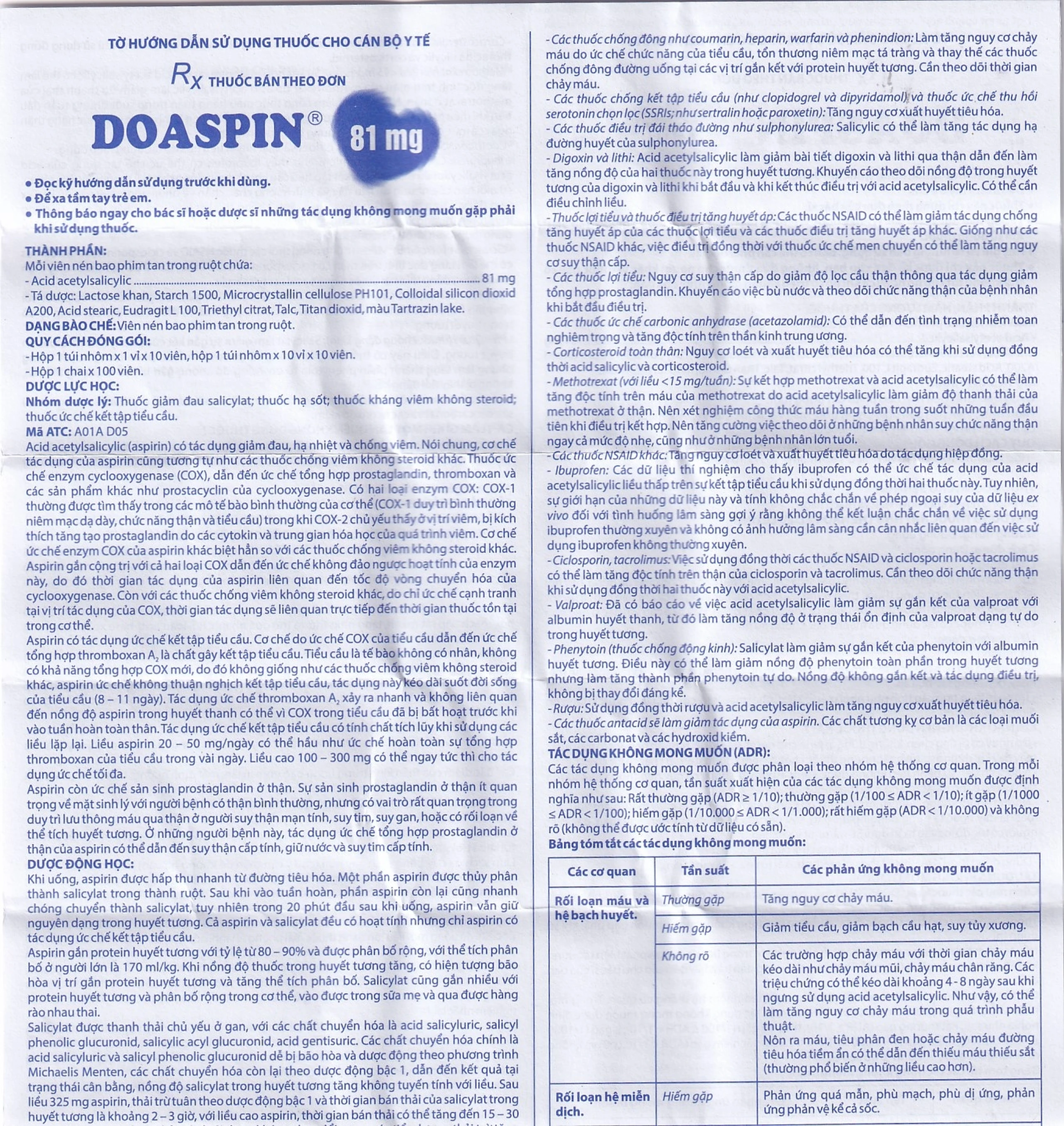 Thuốc Doaspin 81mg Domesco dự phòng huyết khối tim mạch và mạch não (100 viên)