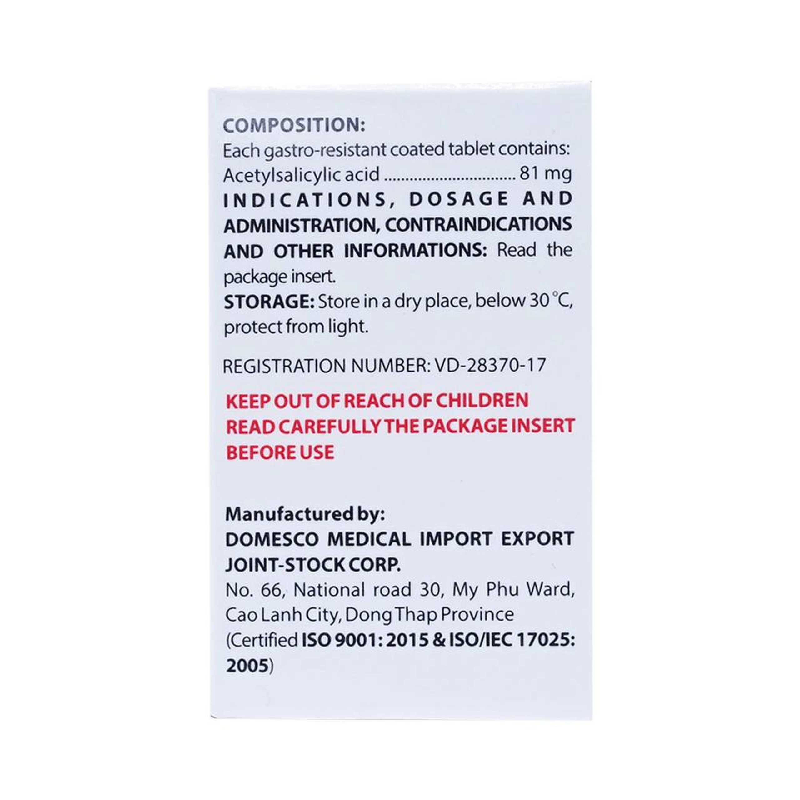 Thuốc Doaspin 81mg Domesco dự phòng huyết khối tim mạch và mạch não (100 viên)