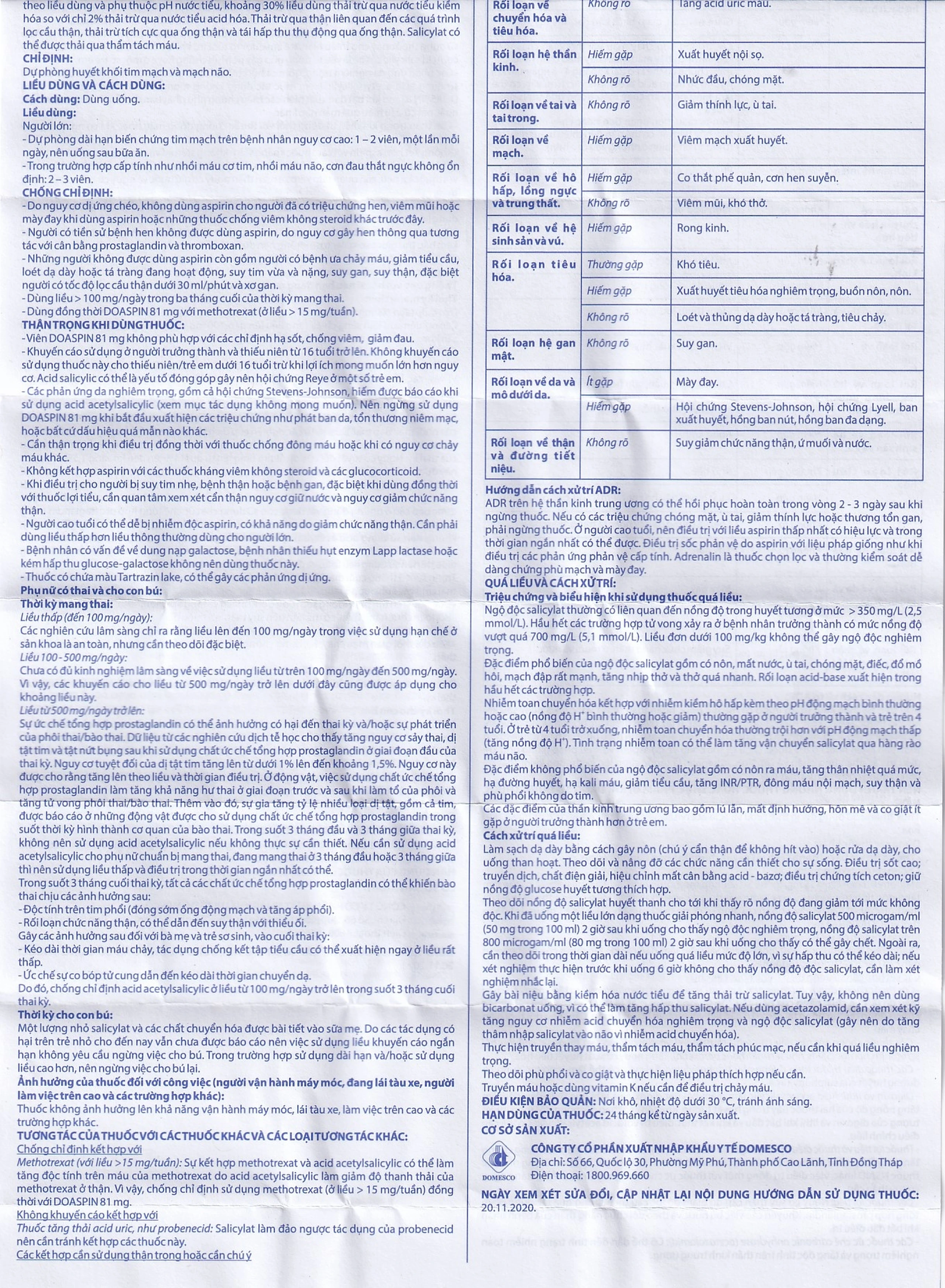 Thuốc Doaspin 81mg Domesco dự phòng huyết khối tim mạch và mạch não (100 viên)