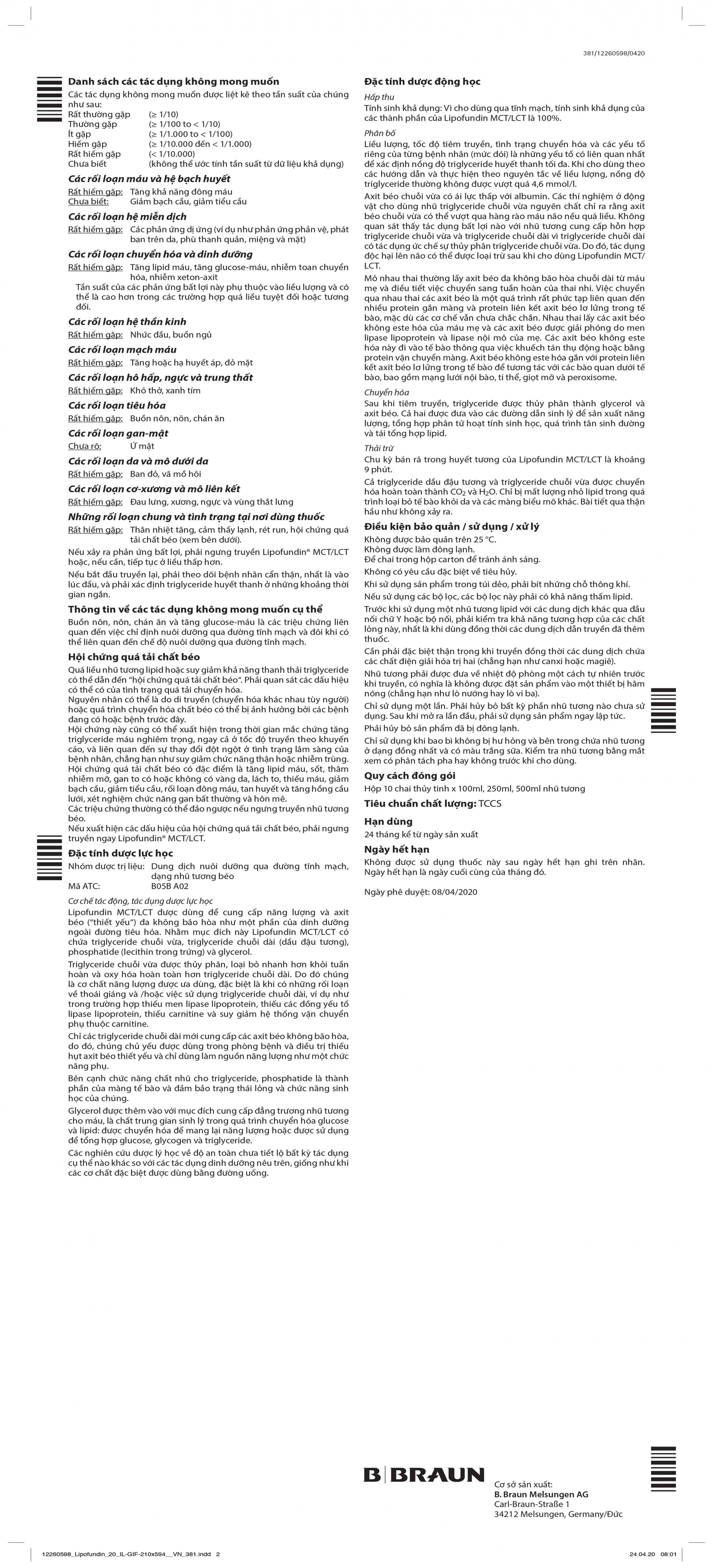 Dịch truyền Lipofundin MCT/LCT 20% B.Braun cung cấp năng lượng, chất béo (100ml)