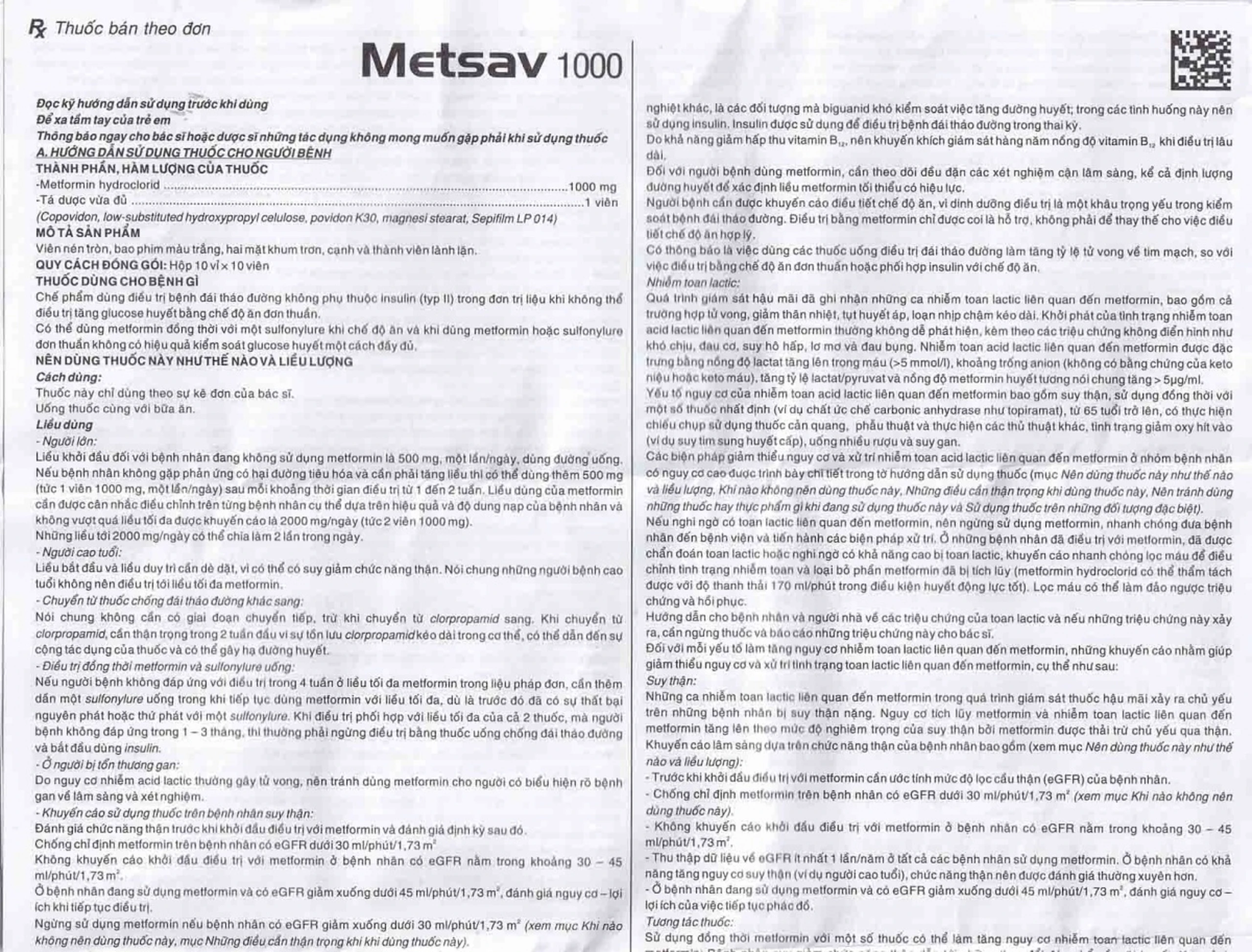 Viên nén Metsav 1000 Savi điều trị bệnh đái tháo đường típ 2 (10 vỉ x 10 viên) 