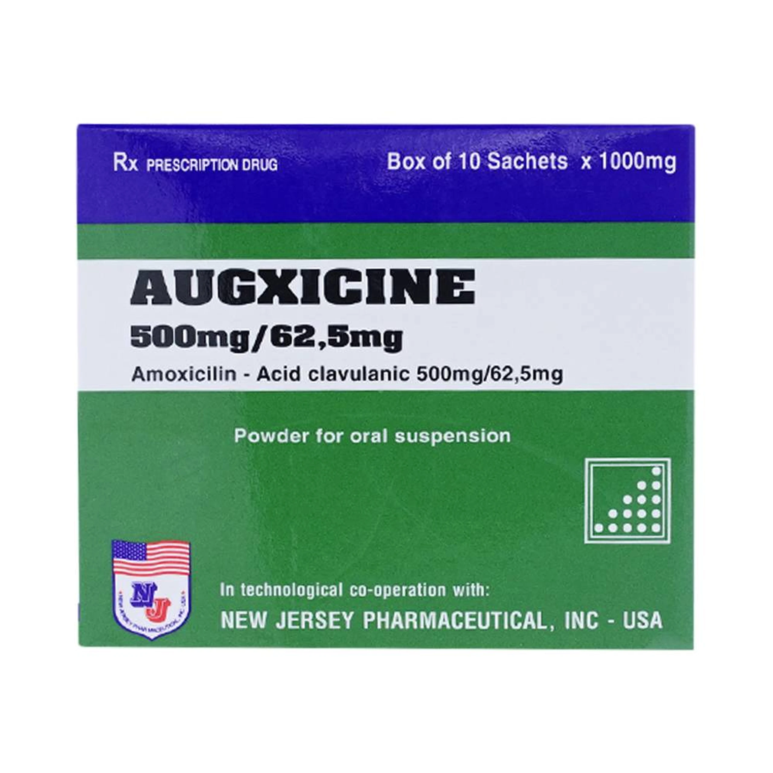 Thuốc Augxicine 500mg/62.5mg Jersey điều trị viêm amidan, viêm xoang (10 gói x 1000mg)