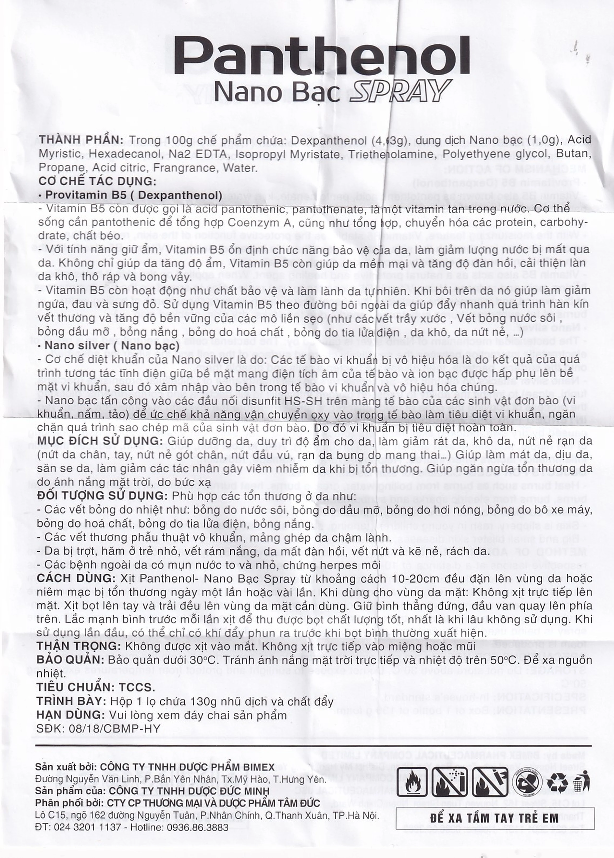 Xịt dưỡng da khô, nứt nẻ Panthenol Nano Bạc Bimex 130g