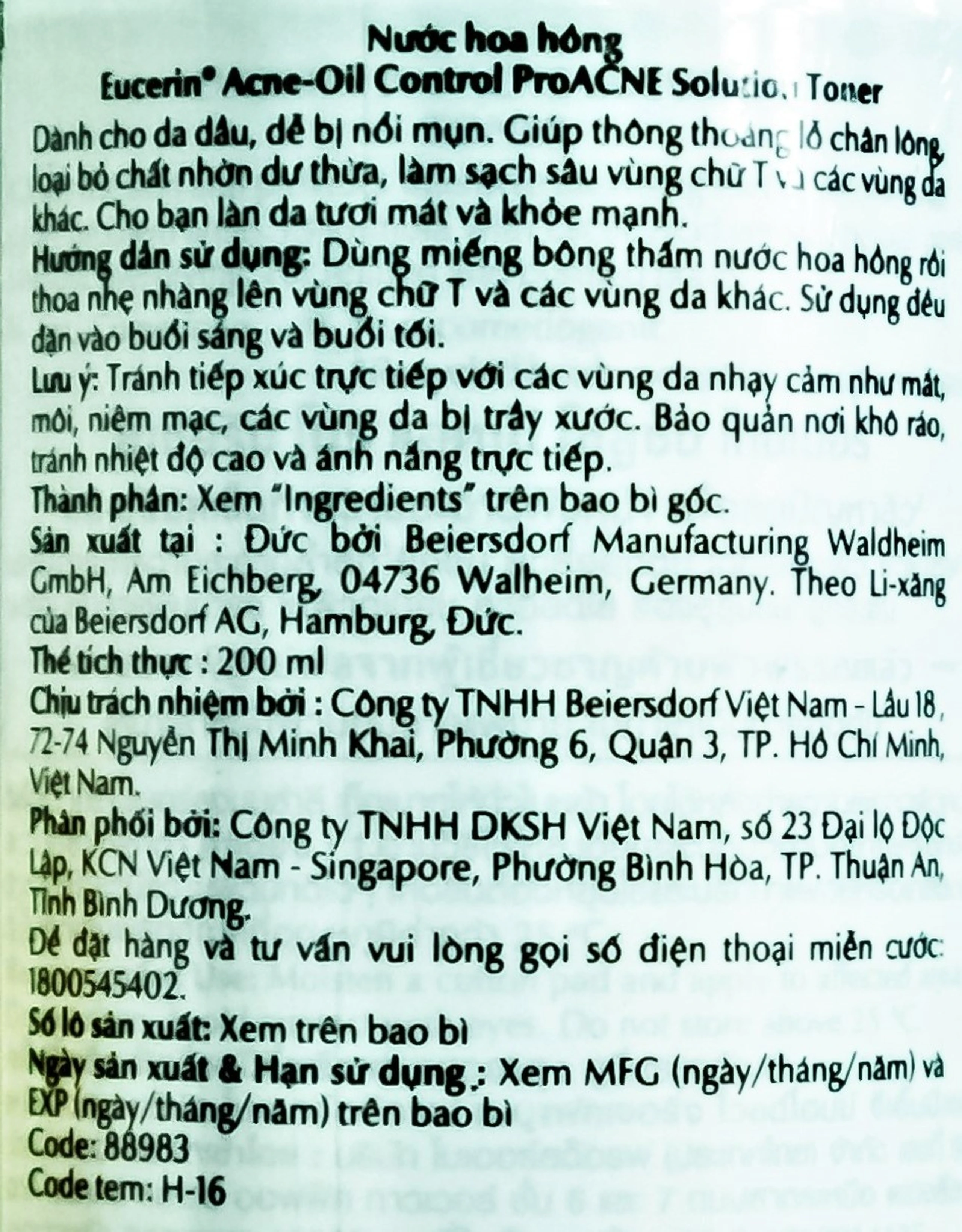 Nước hoa hồng Eucerin Acne-Oil Control ProAcne Solution Toner dành cho da mụn, da dầu (200ml)