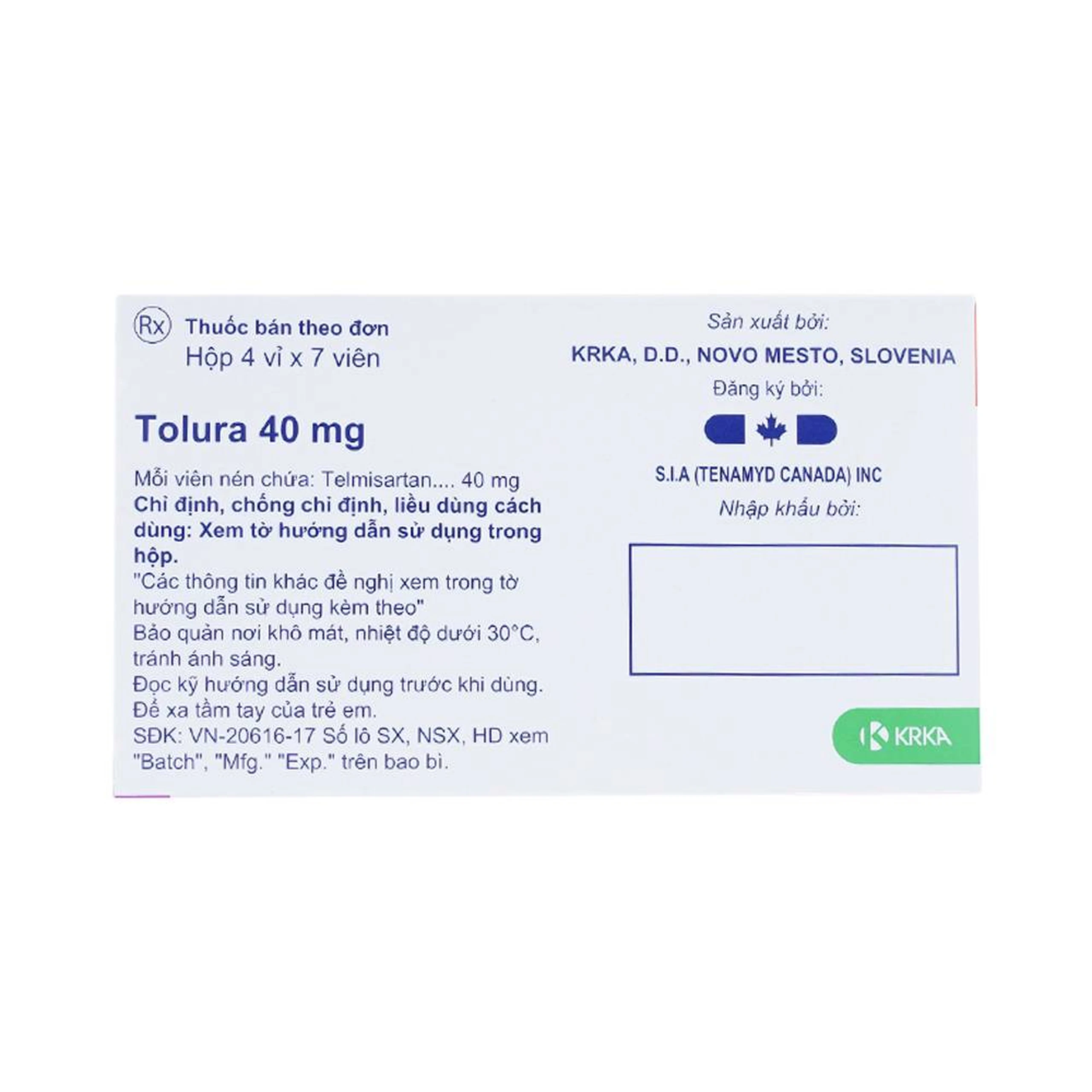 Thuốc Tolura Tablets 40mg Krka điều trị cao huyết áp (4 vỉ x 7 viên)