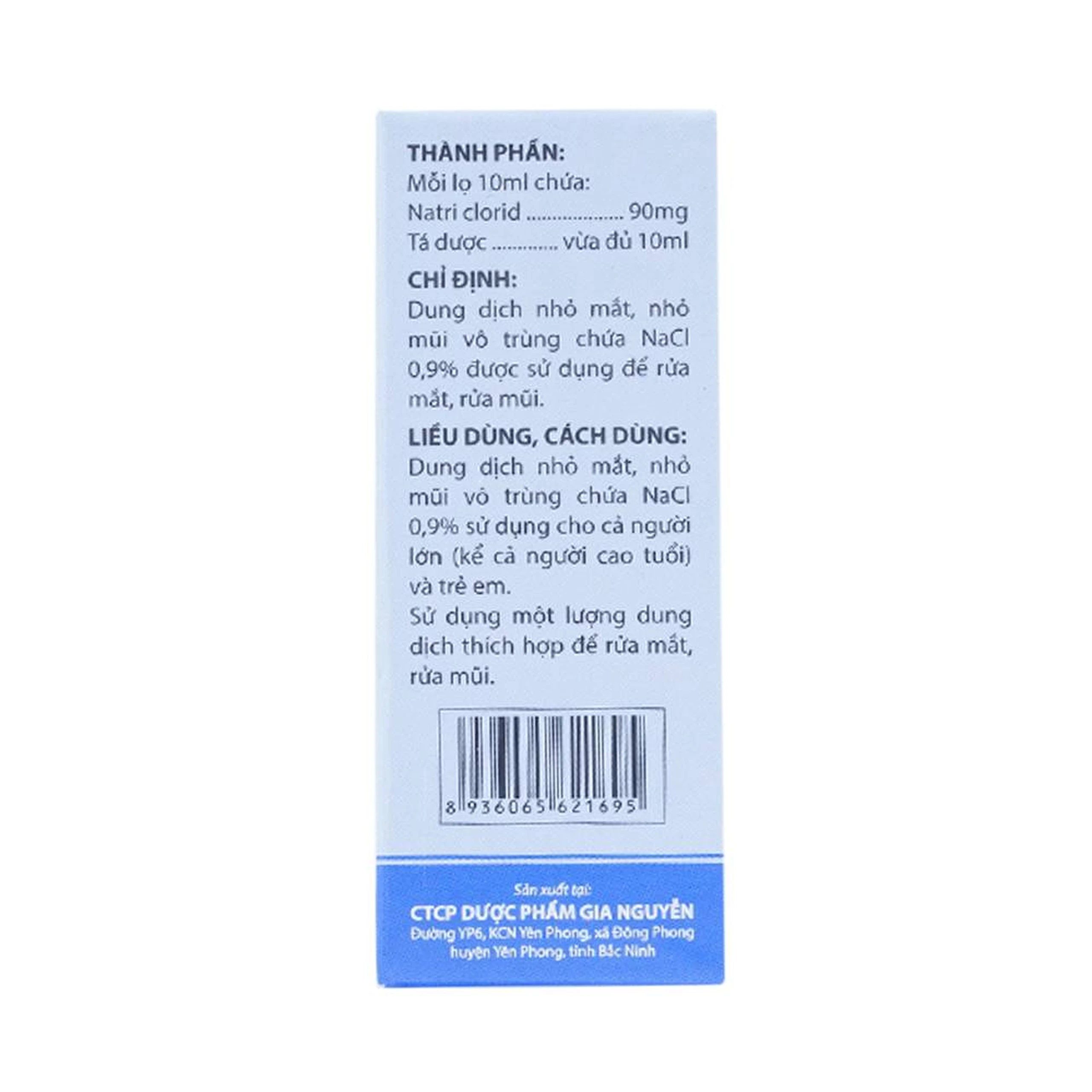 Thuốc nhỏ mắt, nhỏ mũi Natri Clorid 0.9% Gia Nguyễn dùng để rửa mắt, mũi (10ml)