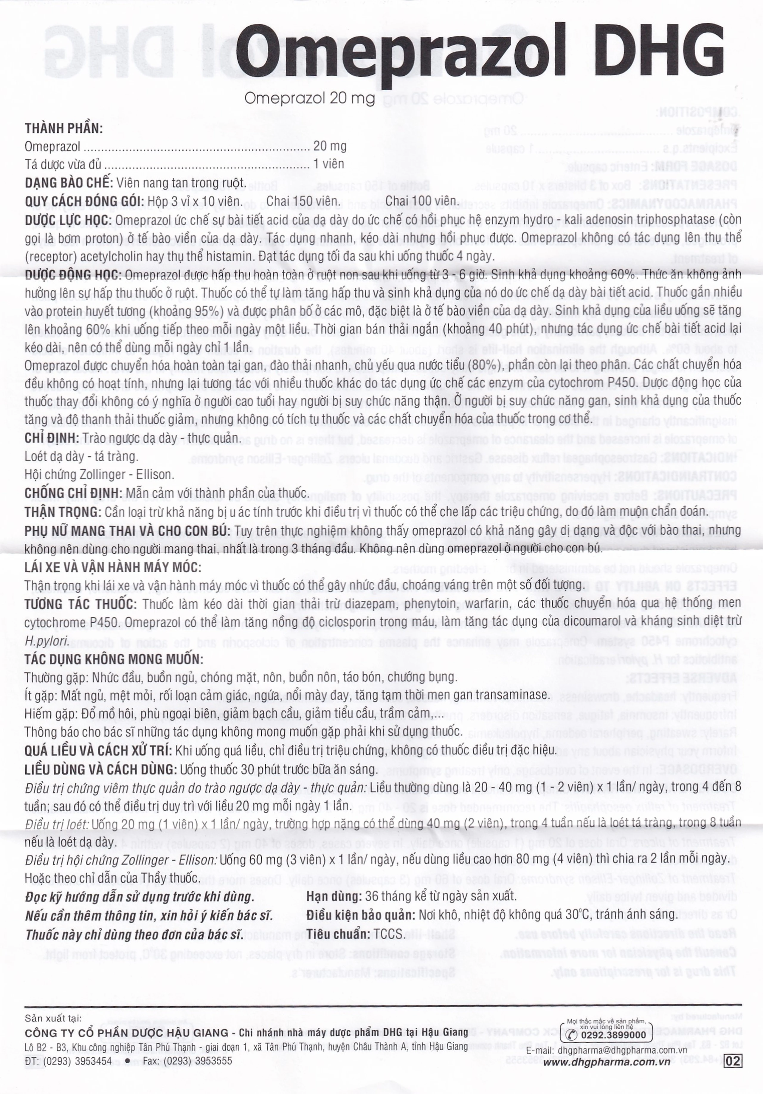 Viên nang Omeprazol DHG 20mg điều trị trào ngược dạ dày - thực quản (3 vỉ x 10 viên)