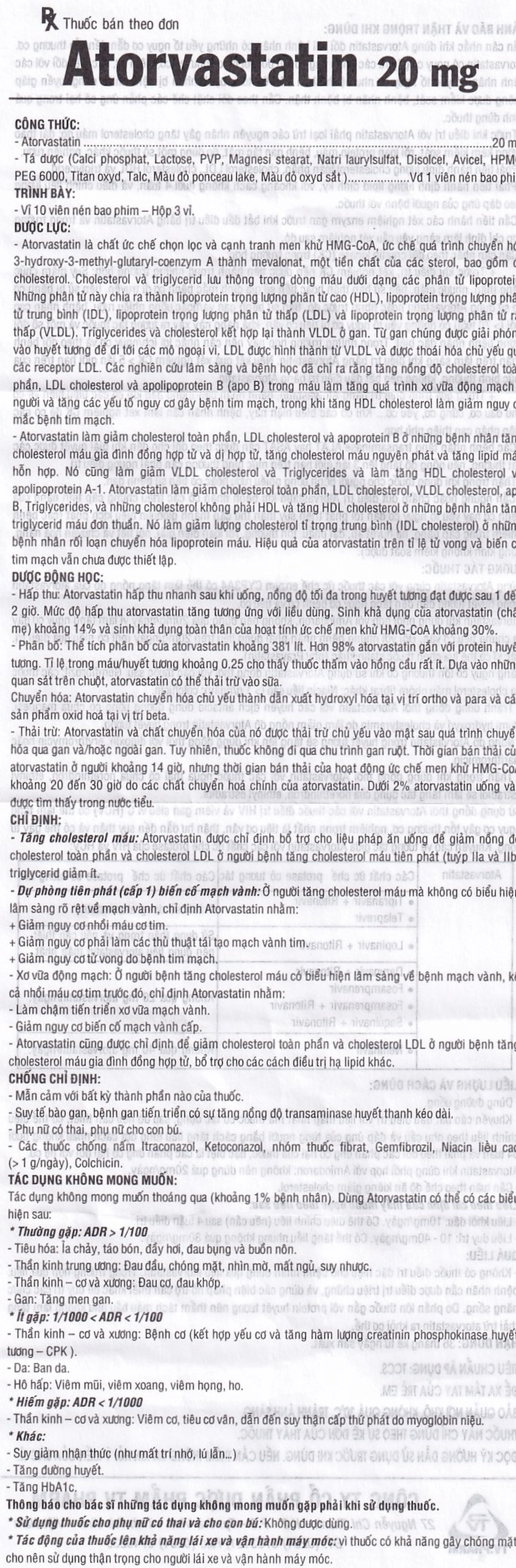 Thuốc Atorvastatin 20mg TV.Pharm điều trị tăng cholesterol máu, dự phòng tiên phát biến cố mạch vành (3 vỉ x 10 viên)