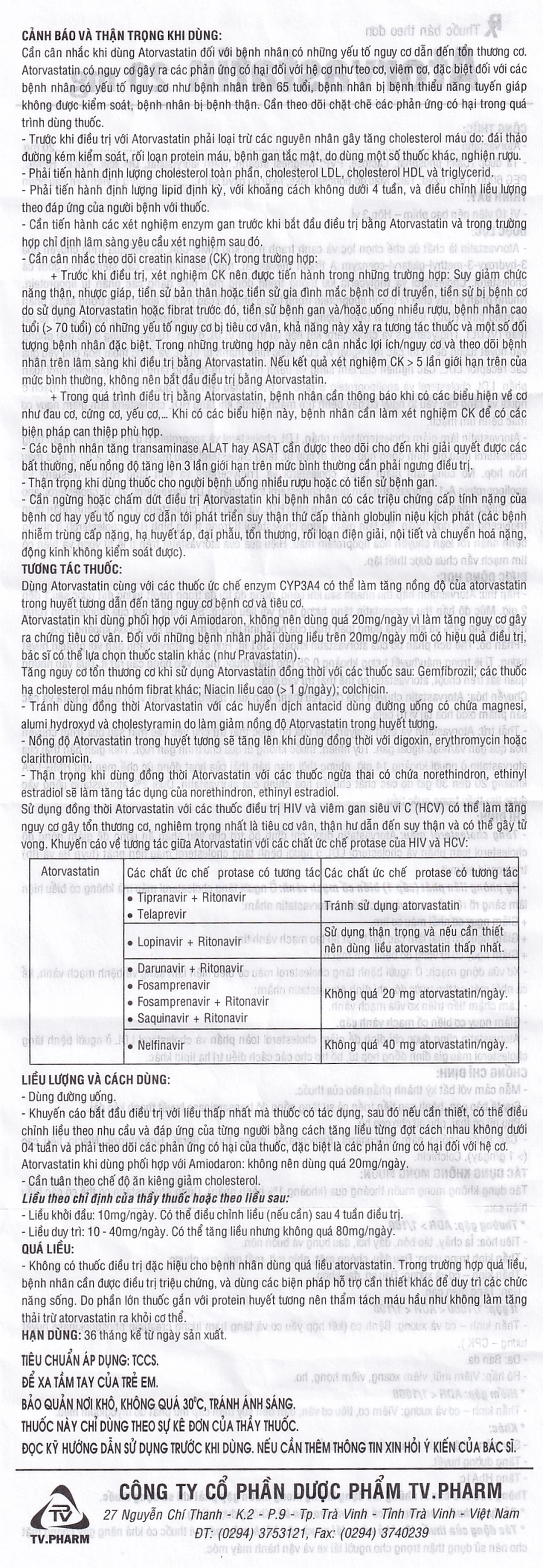 Thuốc Atorvastatin 20mg TV.Pharm điều trị tăng cholesterol máu, dự phòng tiên phát biến cố mạch vành (3 vỉ x 10 viên)