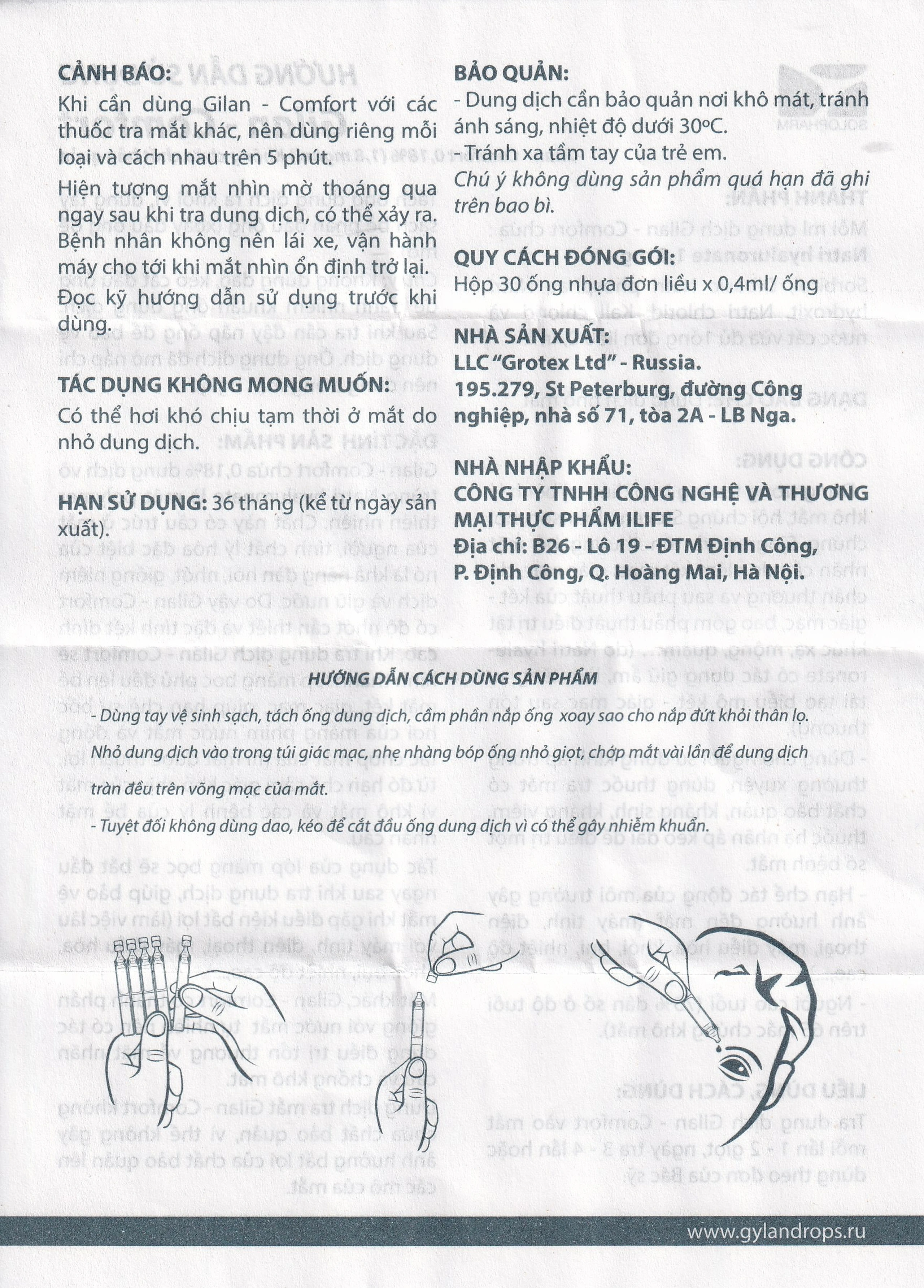 Nhỏ mắt Gilan Comfort dùng cho mắt khô, hội chứng stevens johnson (30 ống x 0.4ml)