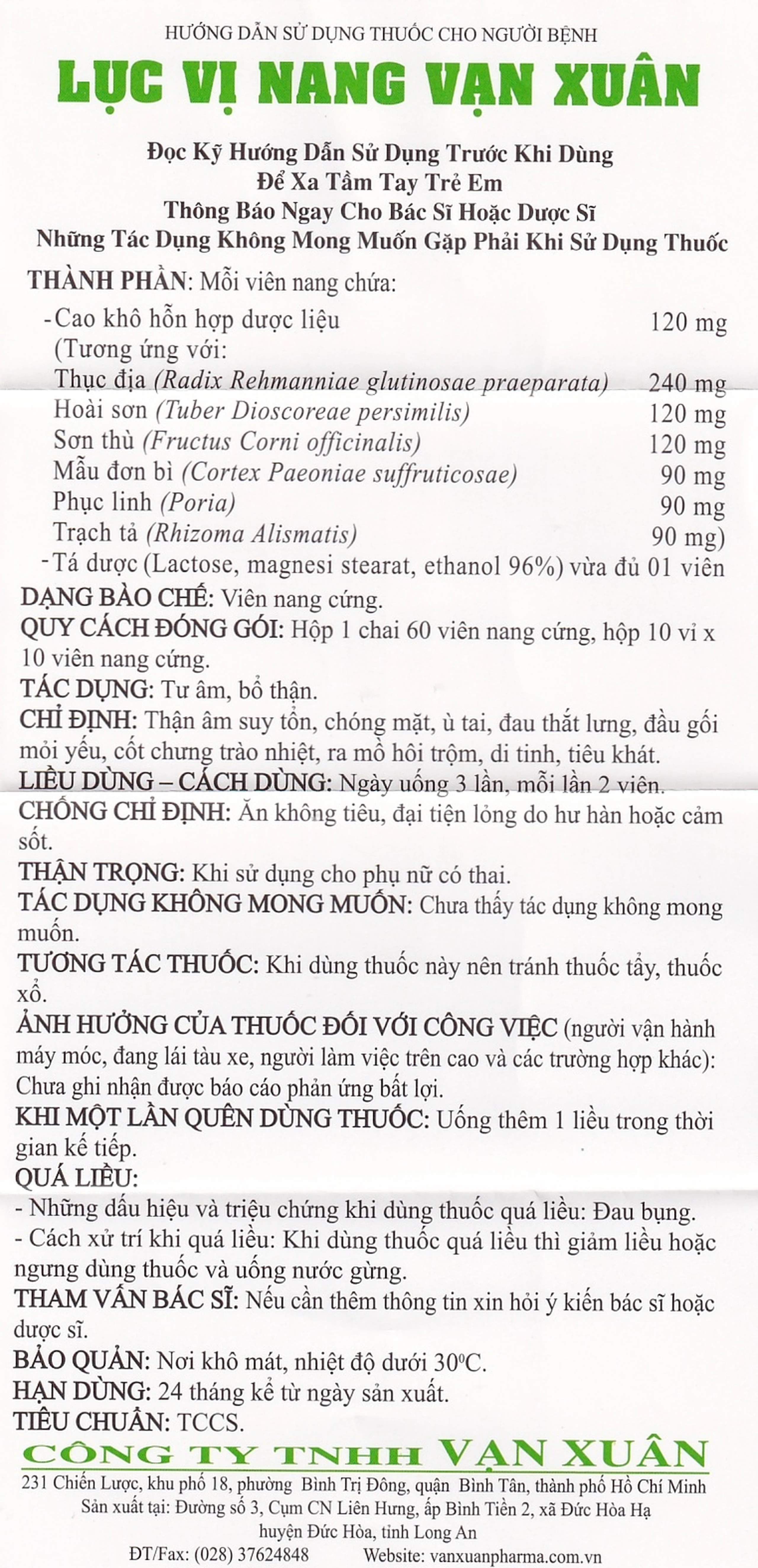 Thuốc Lục Vị Nang Vạn Xuân thận âm suy tổn, chóng mặt, ù tai (10 vỉ x 10 viên)